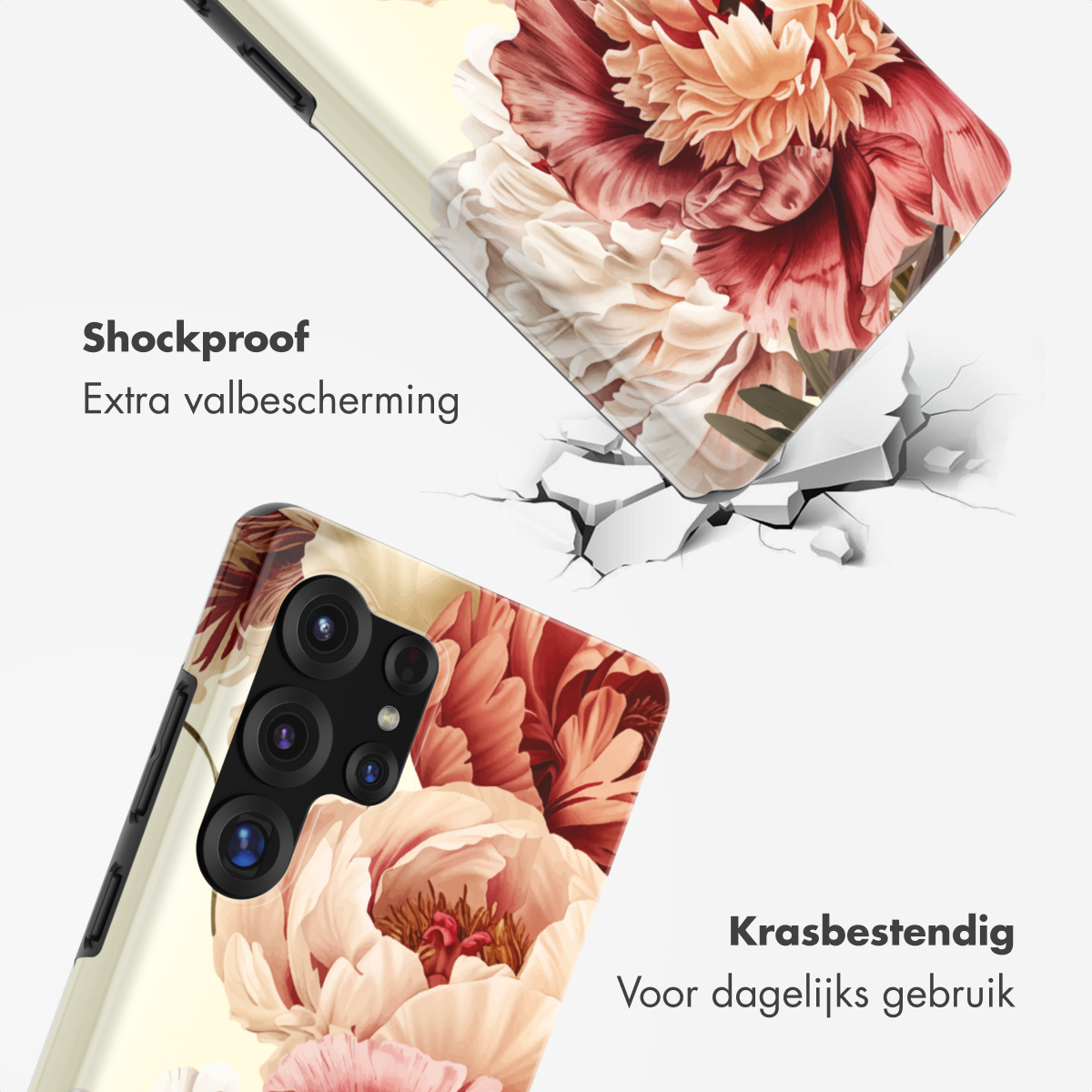 Telefoonhoesje met bloemenprint, dat een gebarsten oppervlak toont.