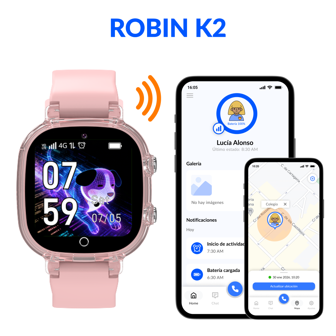 Un smartwatch rosa con esfera de cachorro mostrando las 07:59 junto a dos teléfonos con la app ROBIN K2.
