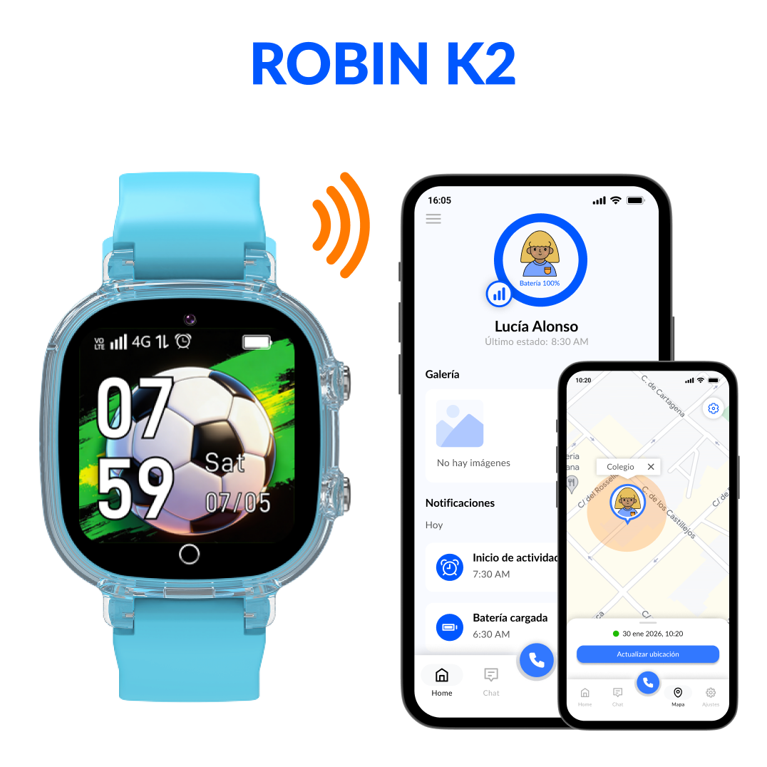 Un smartwatch azul con esfera de fútbol muestra 07:59. Dos smartphones a su lado.