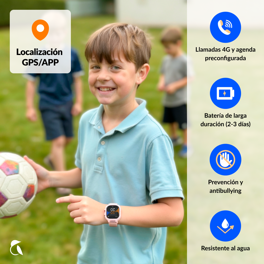 Un niño con un balón de fútbol lleva un reloj inteligente rosa. Incluye GPS, llamadas y batería.