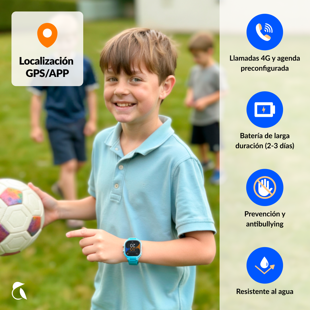 Niño con balón de fútbol y reloj inteligente con GPS, llamadas 4G, batería, anti-acoso, resistente.