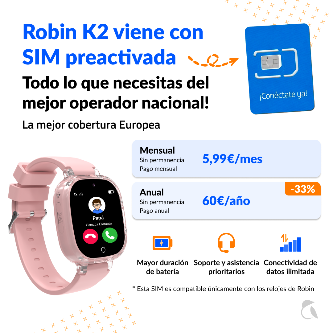 Un smartwatch rosa con tarjeta SIM y detalles de precios para planes mensuales y anuales.