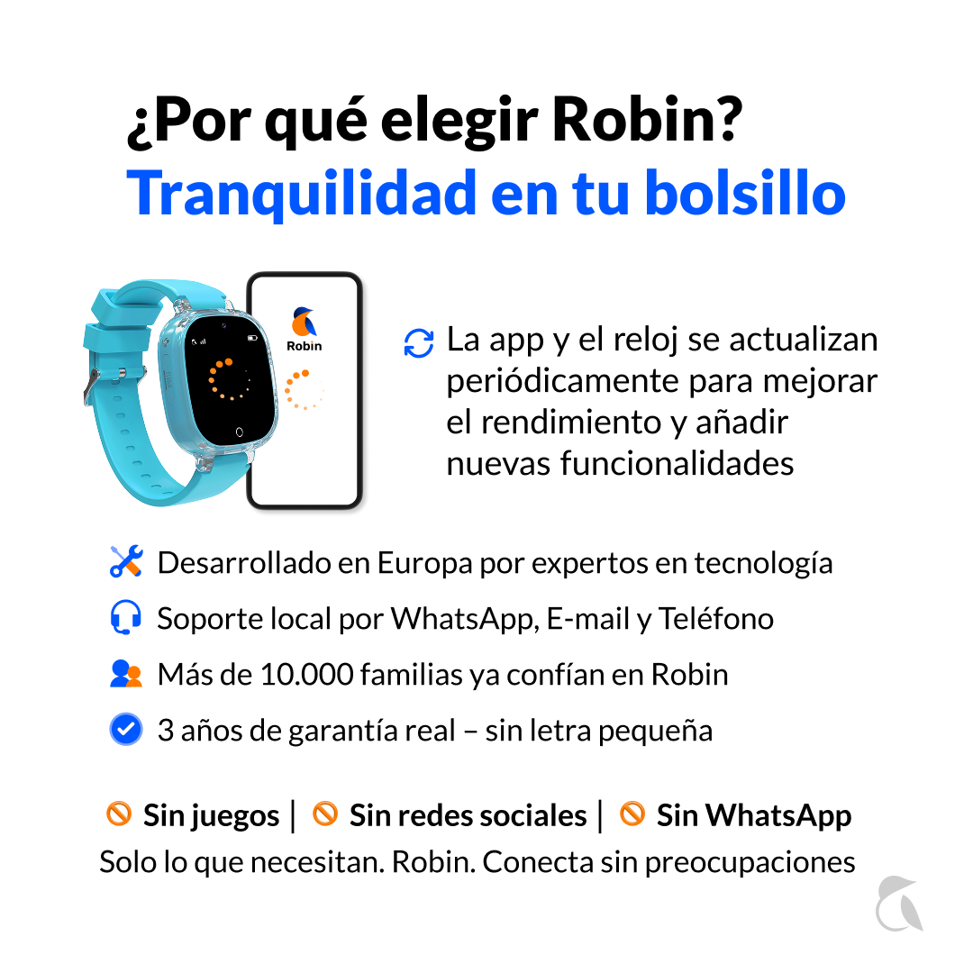 Smartwatch y smartphone azul para niños con logo de Robin. Texto sobre beneficios.