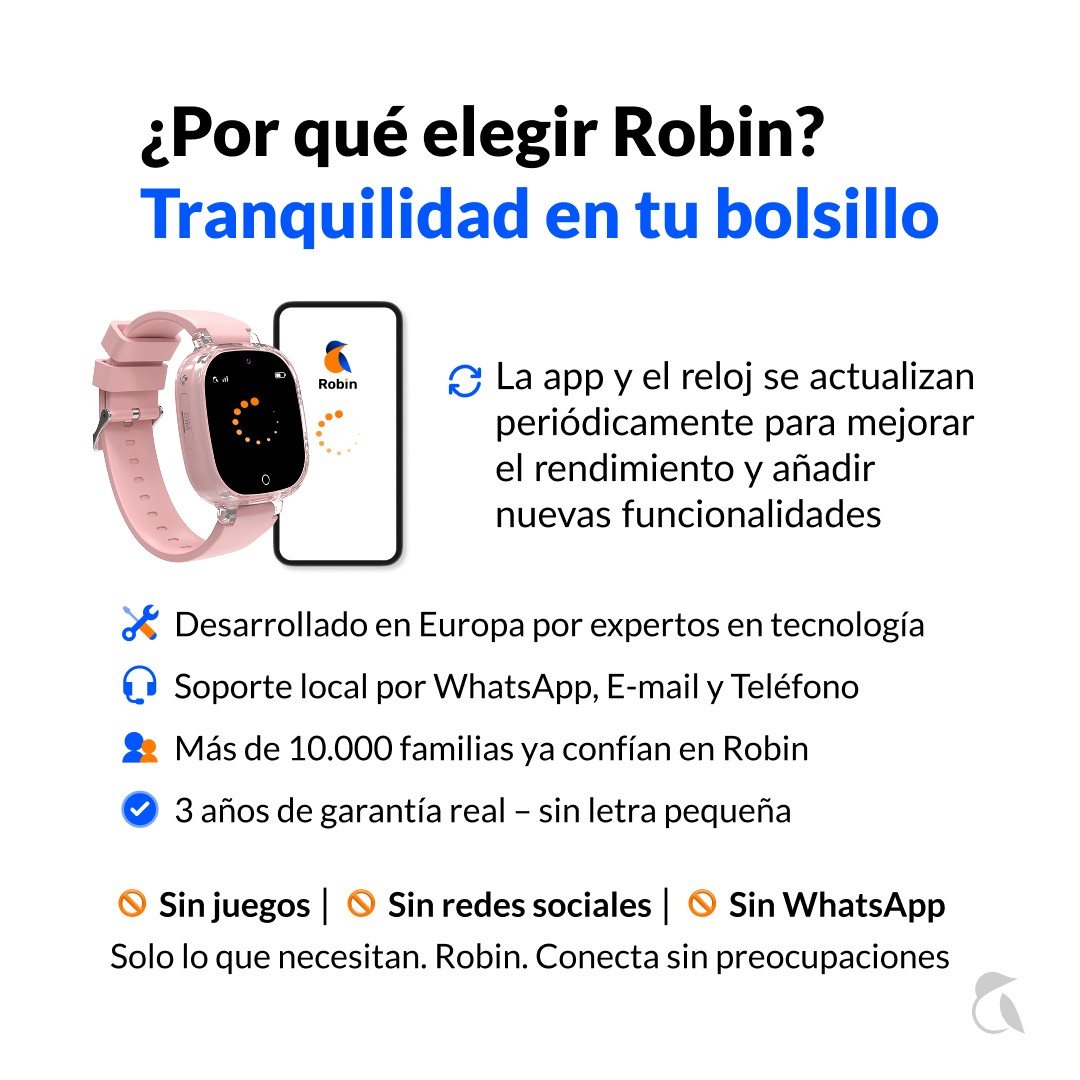 Un smartwatch rosa para niños junto a un smartphone que muestra la app Robin.