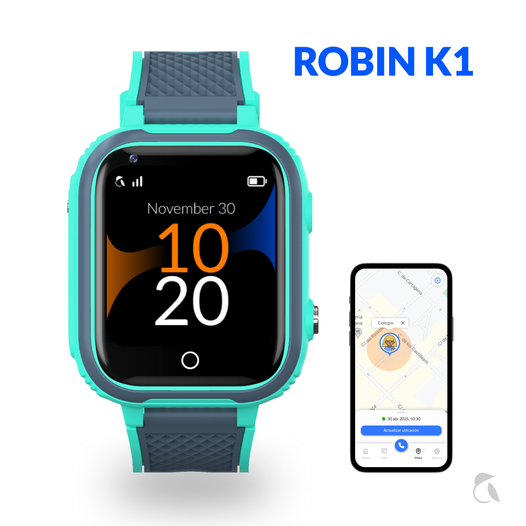 Reloj inteligente turquesa y gris junto a un smartphone con mapa. ROBIN K1.