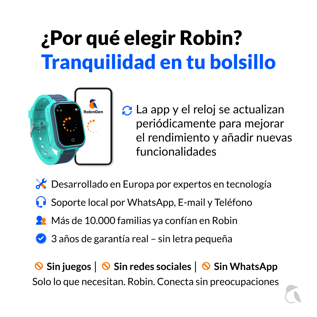 Reloj inteligente infantil turquesa con info de app. Ofrece actualizaciones, desarrollo UE, soporte.