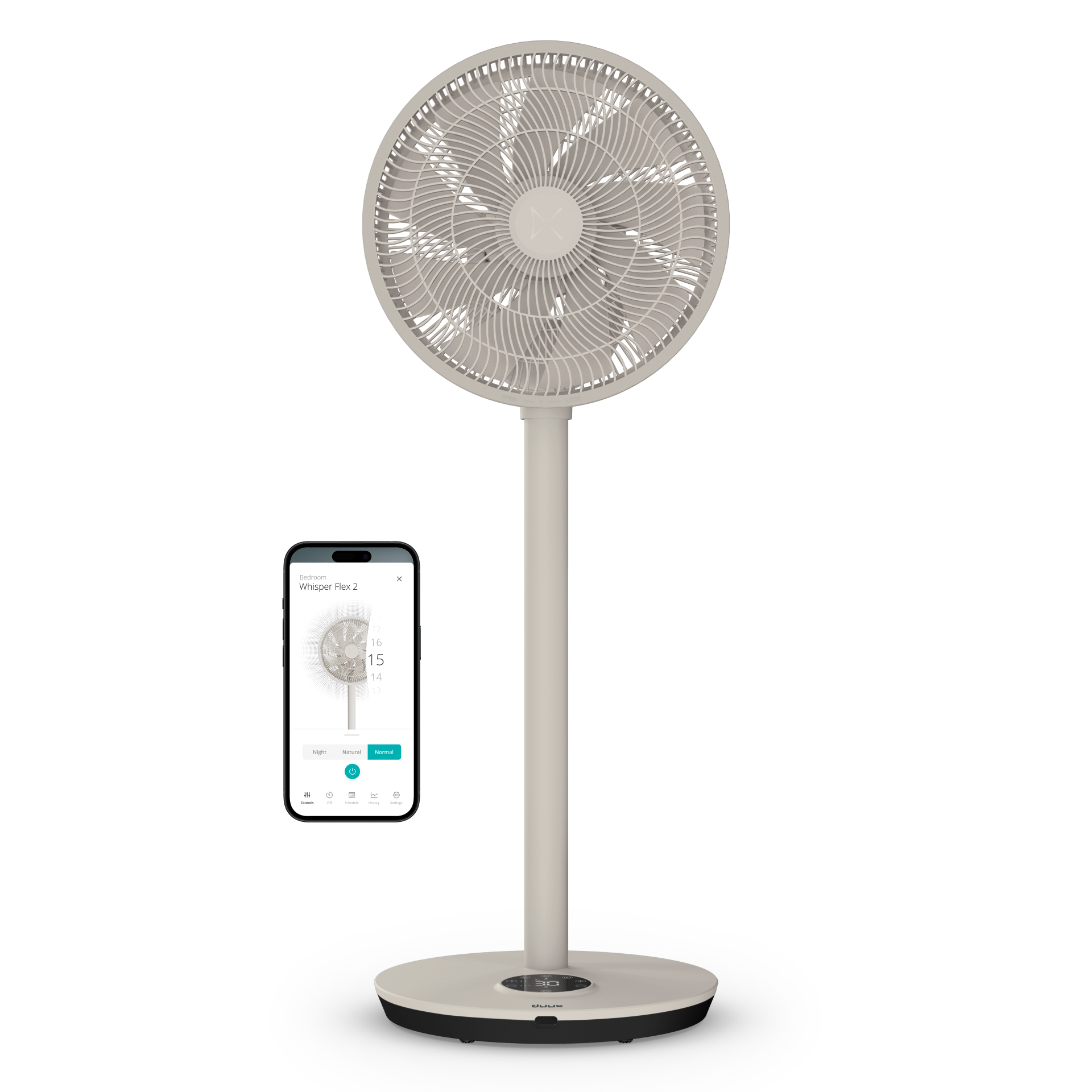 Un ventilateur sur pied beige est présenté avec un smartphone affichant ses commandes. Le ventilateur a une grille circulaire.