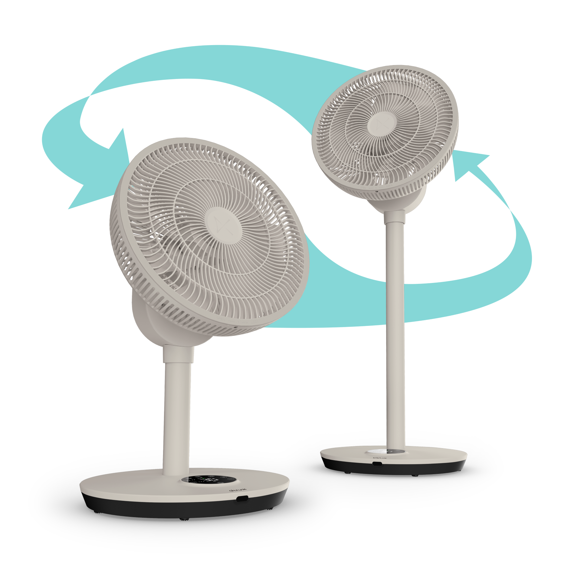 Deux ventilateurs sur pied blancs sont représentés avec des flèches turquoise indiquant la circulation de l'air.