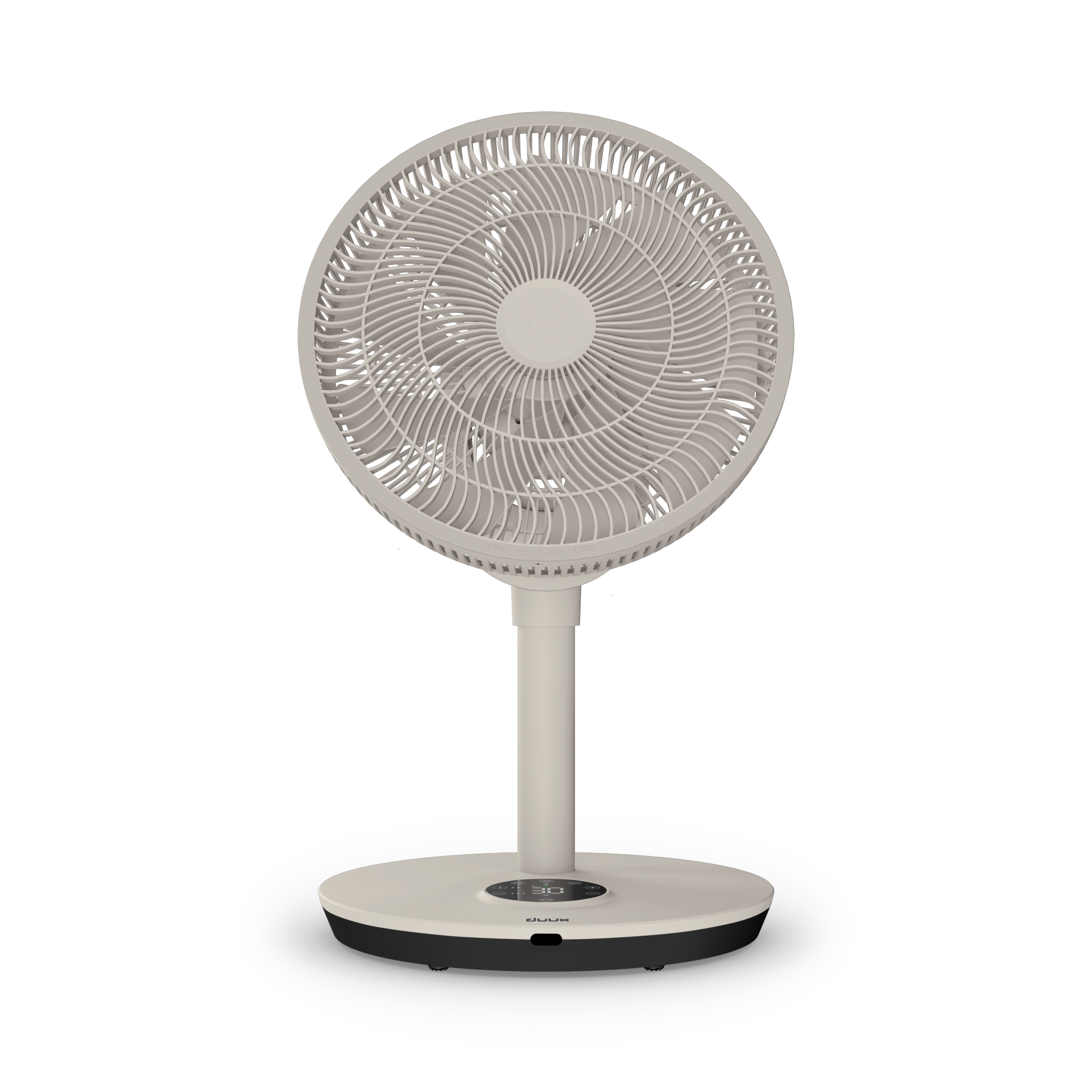 Un ventilateur de couleur claire avec une base ronde et un écran numérique.