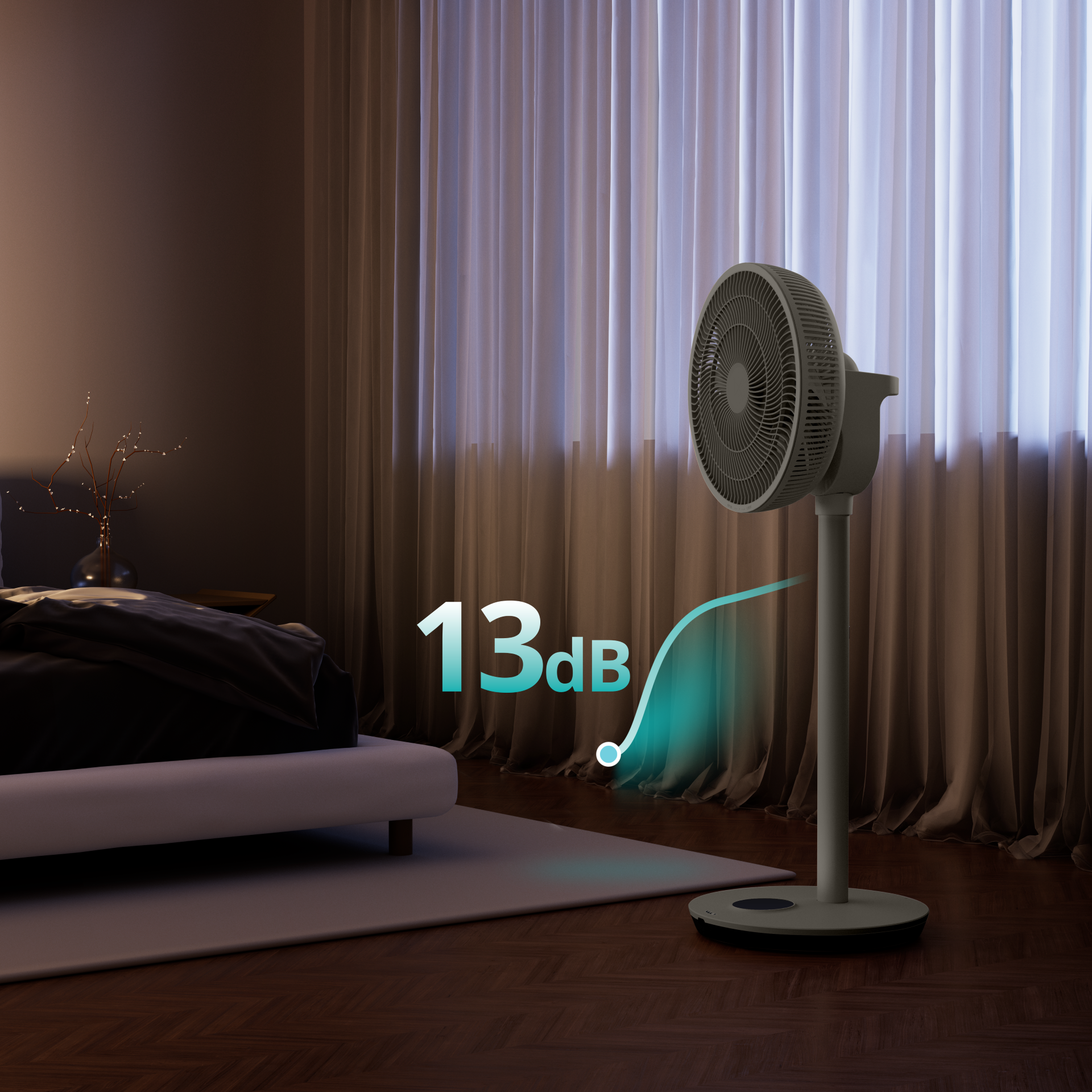 Un ventilateur se dresse dans une chambre sombre près d'un lit. Niveau sonore 13dB.