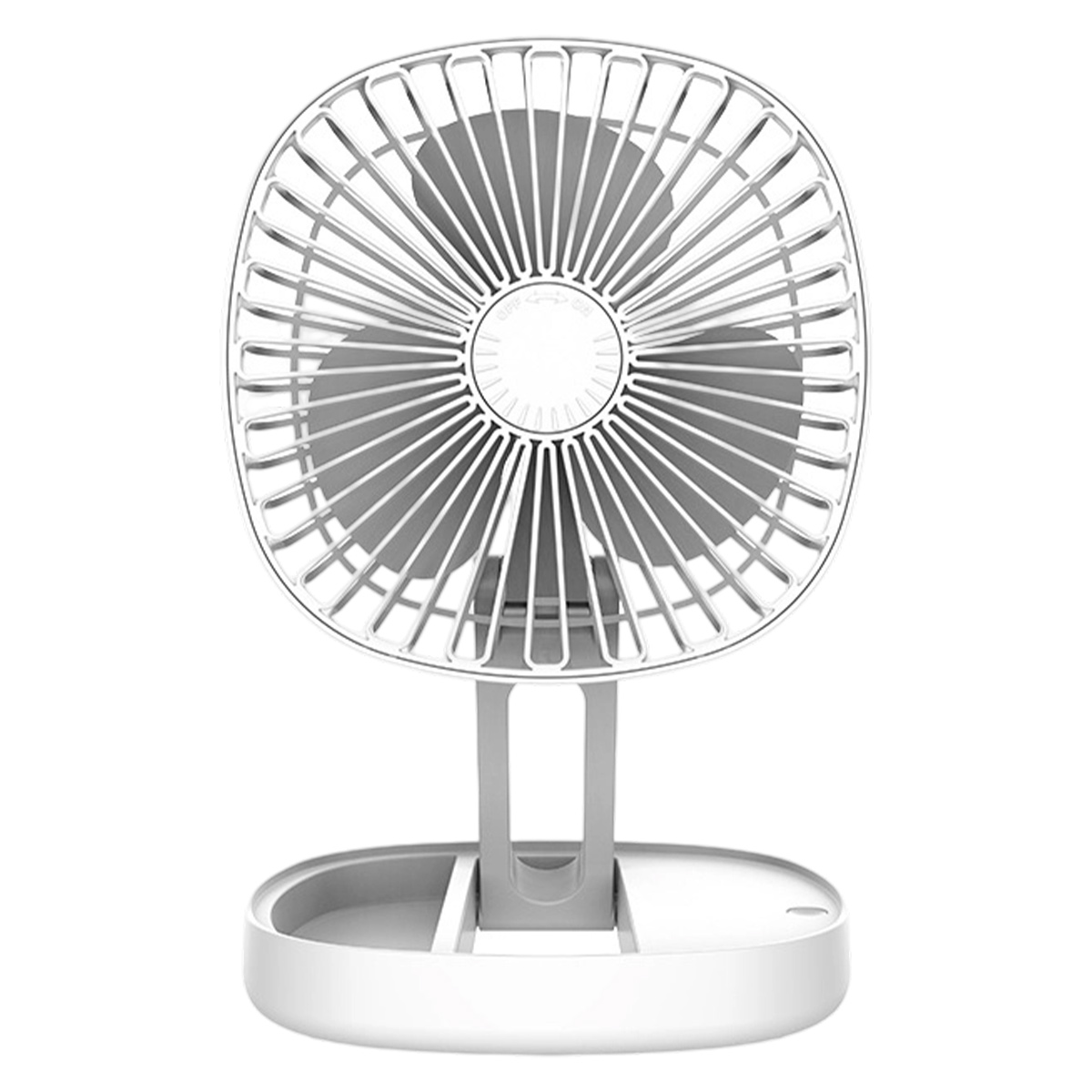 Ein kleiner, weißer, faltbarer Tischventilator mit grauem Lüfterblatt und Bedienknopf.