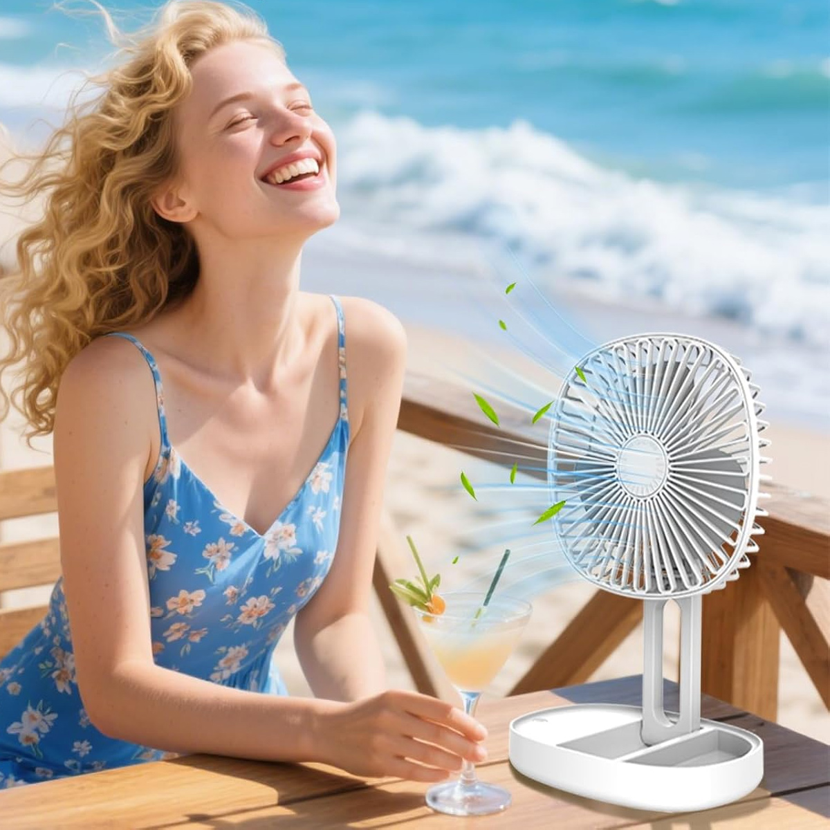 Frau am Strand lacht, ein Ventilator bläst Luft, ein Getränk steht auf dem Tisch.