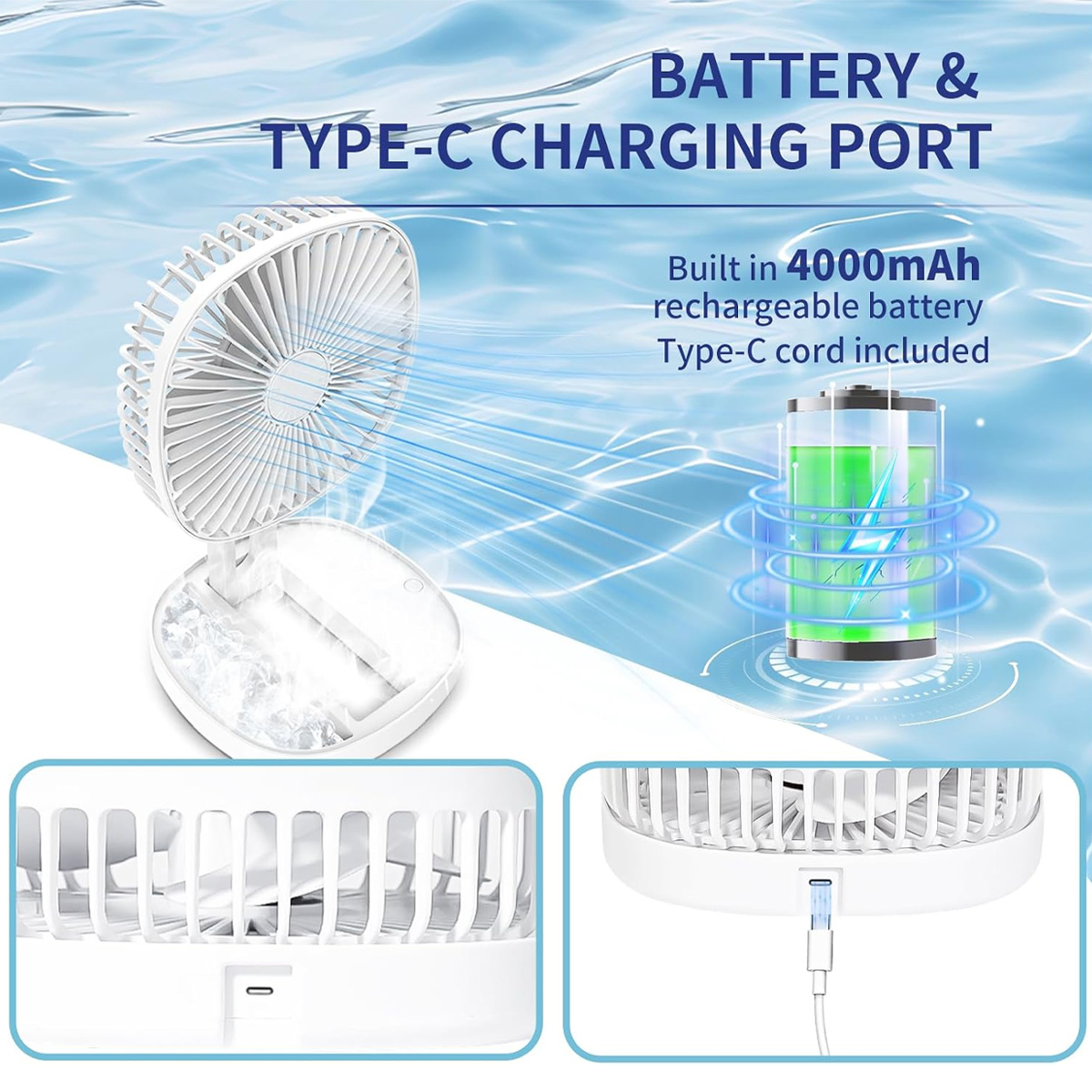 Ein weißer Ventilator mit Typ-C-Ladeanschluss und Akkuanzeige.