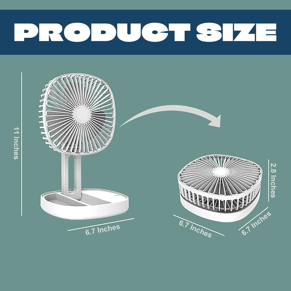 Ein aufgestellter und zusammengeklappter weißer Ventilator mit Maßen.