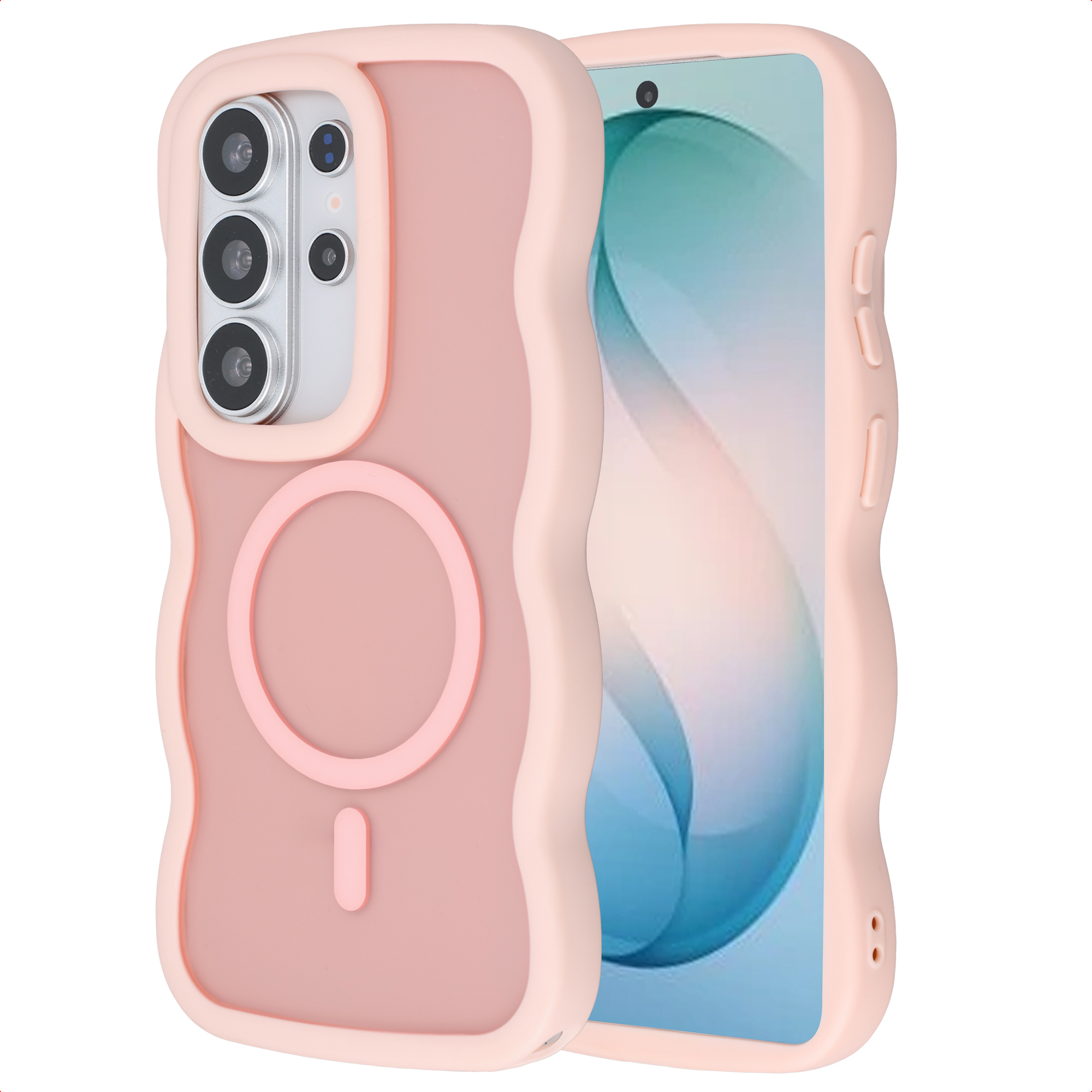 Une coque de téléphone rose avec un design ondulé et une découpe pour appareil photo.
