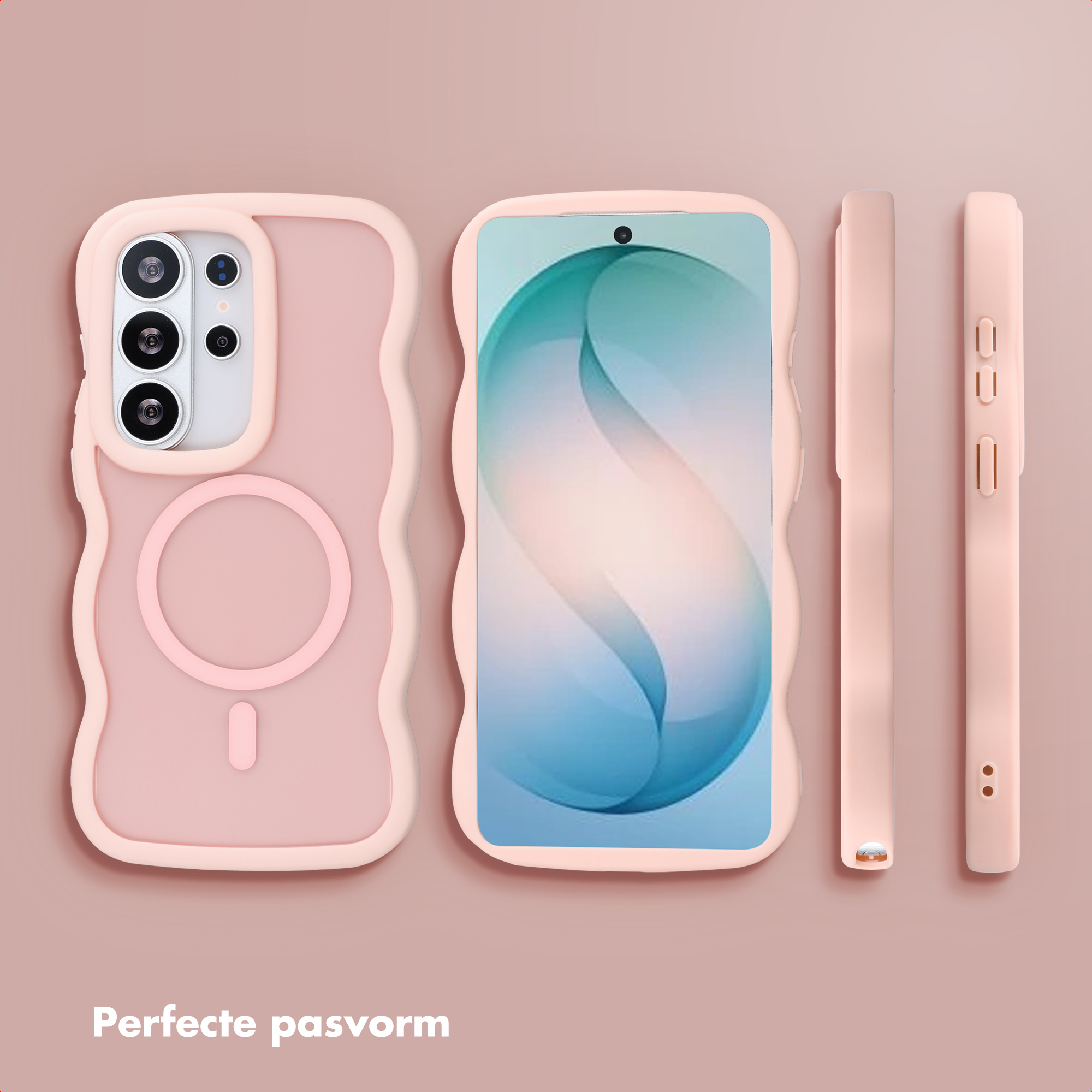 Une coque de téléphone rose pâle au design ondulé et anneau magnétique.