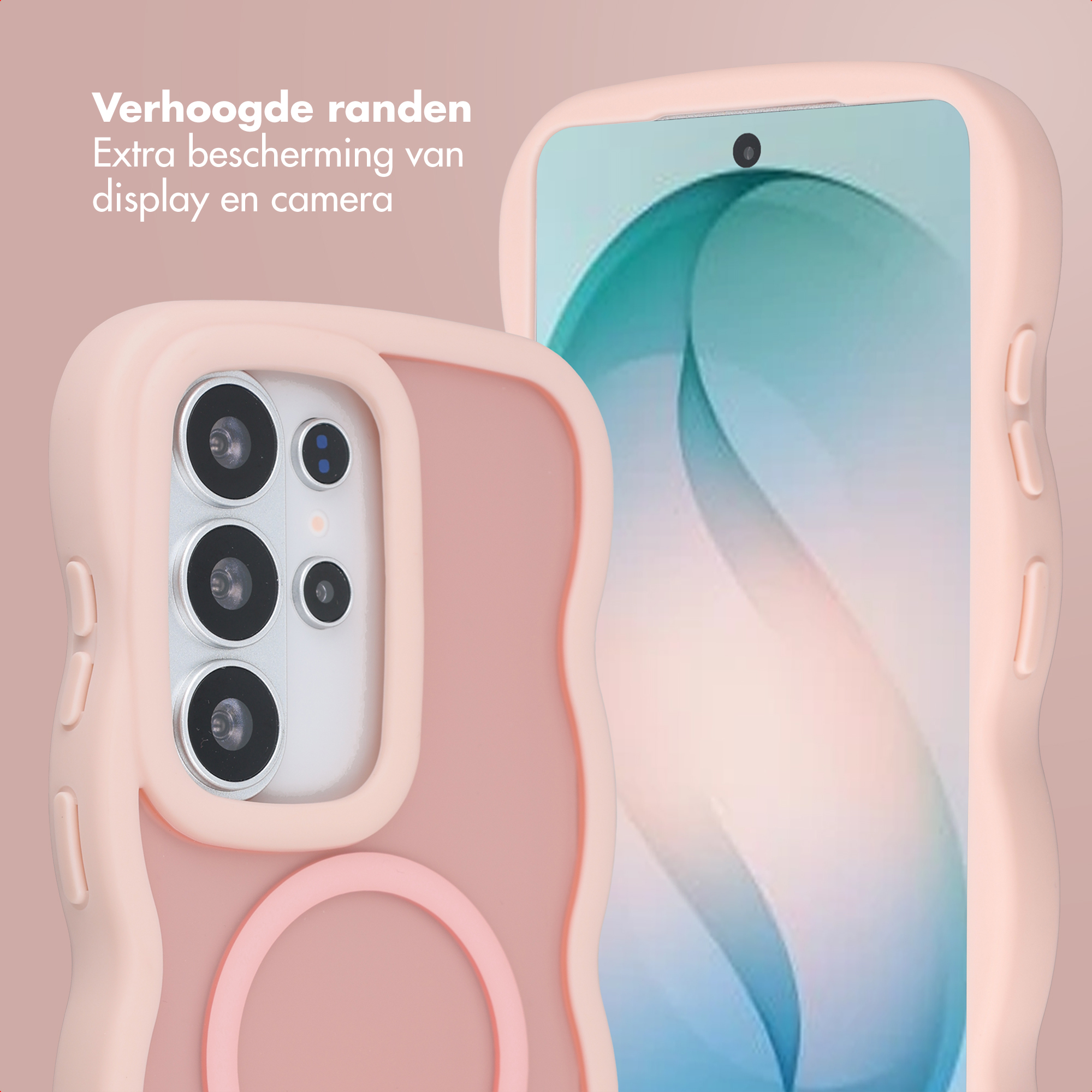 Coque de téléphone rose à bords surélevés montrant les caméras et l'écran.