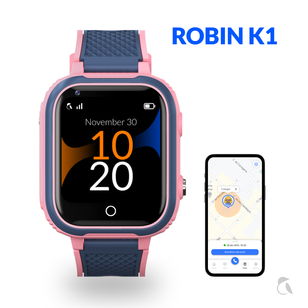 Un reloj inteligente rosa con correa azul y un teléfono mostrando un mapa.