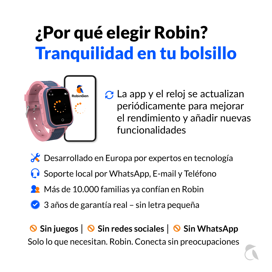 Reloj inteligente rosa con icono de app y texto sobre beneficios de Robin.
