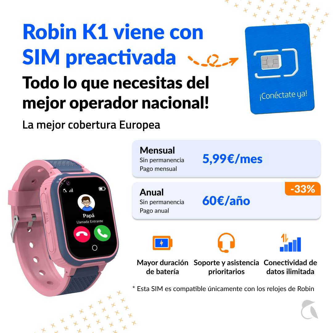 Reloj inteligente Robin K1 rosa con SIM, planes e iconos de batería, soporte y datos.