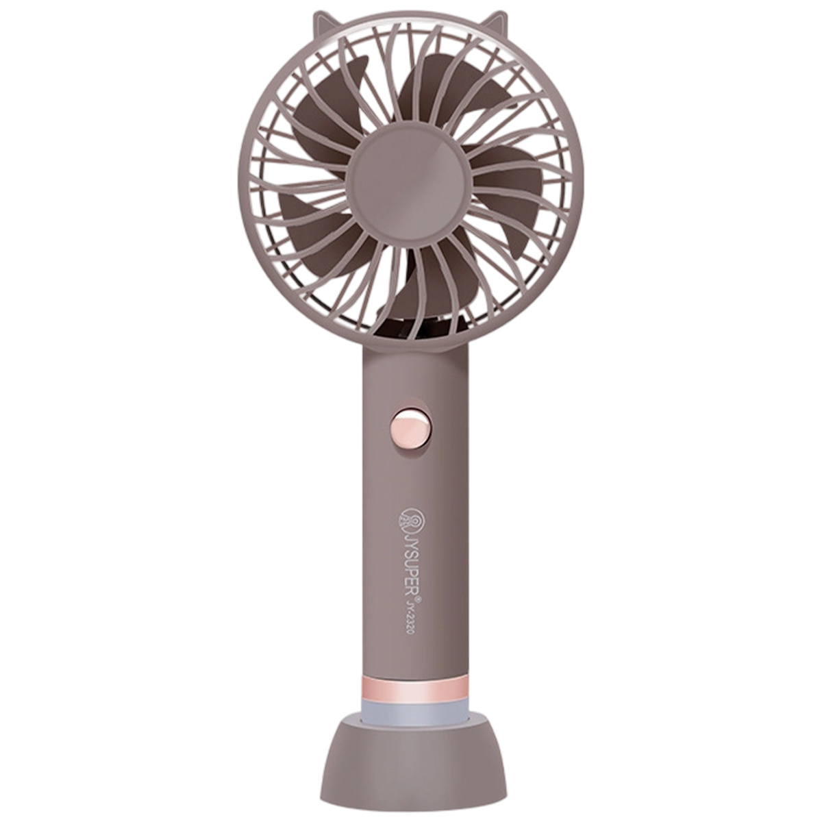 Ein grauer Handventilator mit Katzenohren und einem rosafarbenen Knopf.