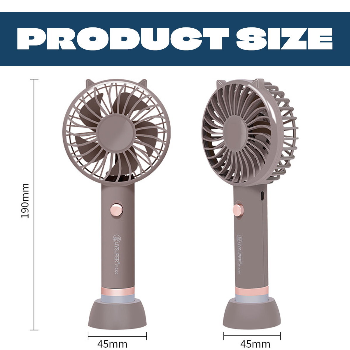Grauer Handventilator mit Katzenohren, 190mm hoch, 45mm breit.
