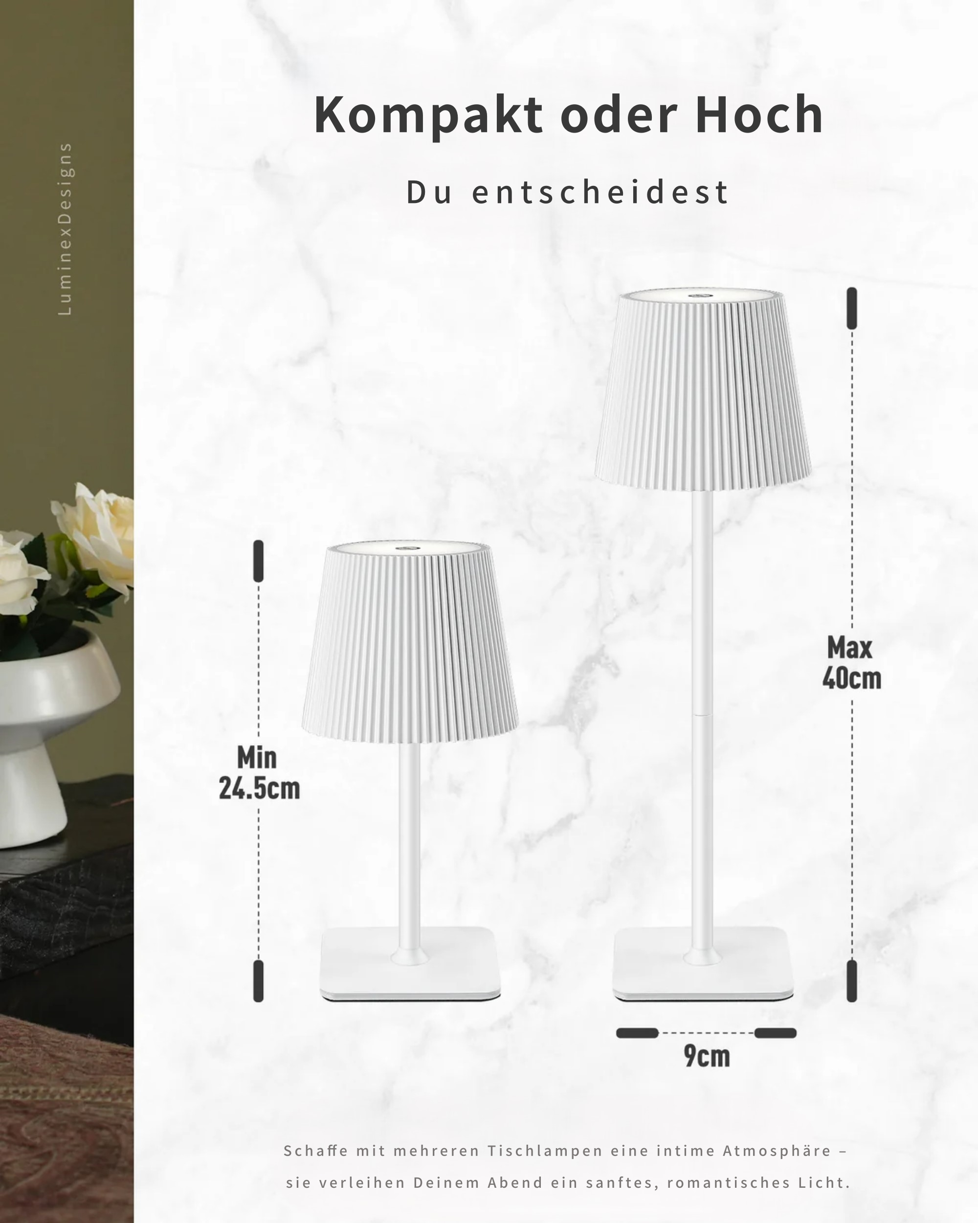 Zwei weiße Lampen, klein und groß, mit Größenangaben.