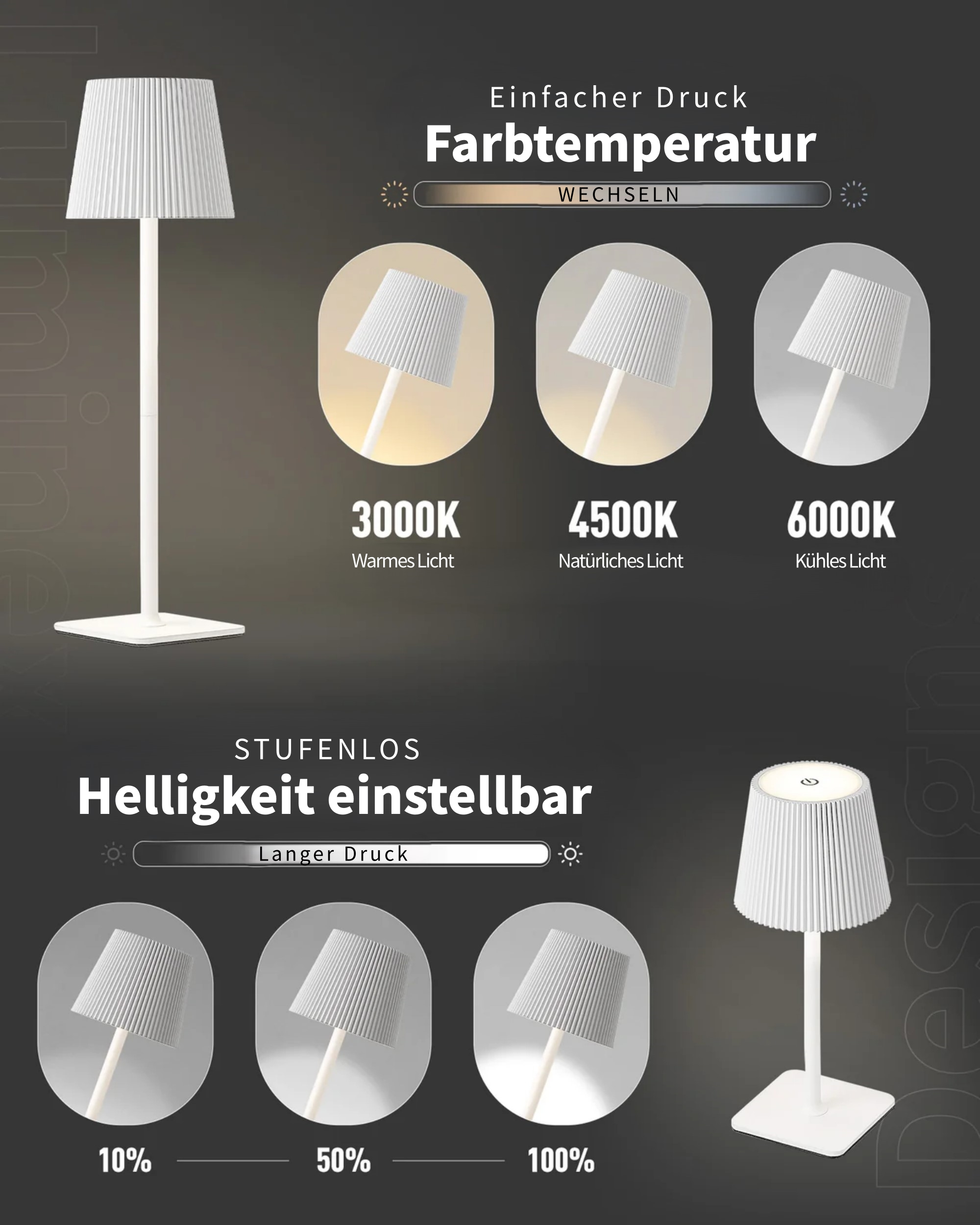 Eine weiße Stehlampe mit plisseeartigem Schirm, zeigt Farb- und Helligkeitseinstellungen.