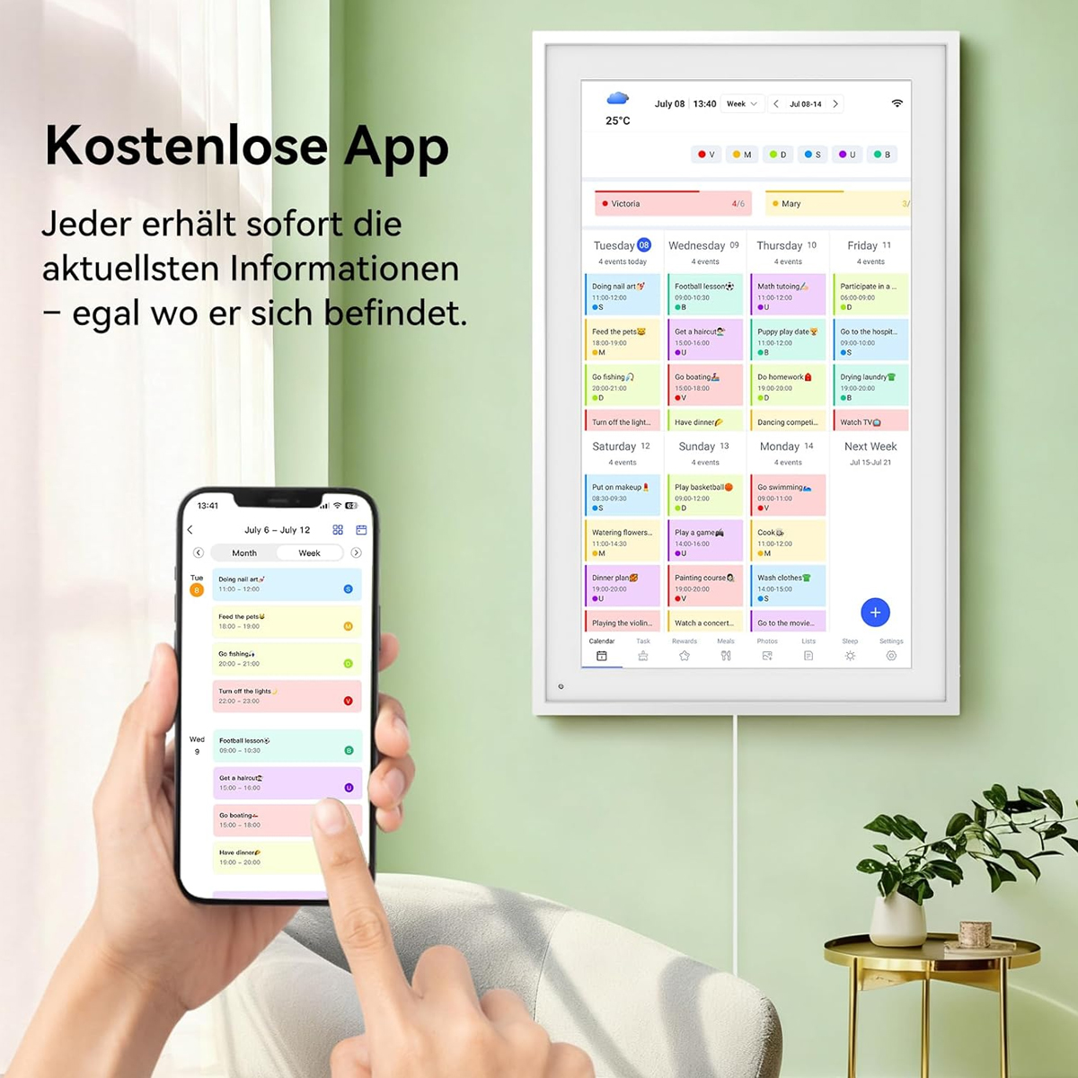 Ein Handy zeigt eine Kalender-App. Ein großer Bildschirm zeigt eine Wochenübersicht.
