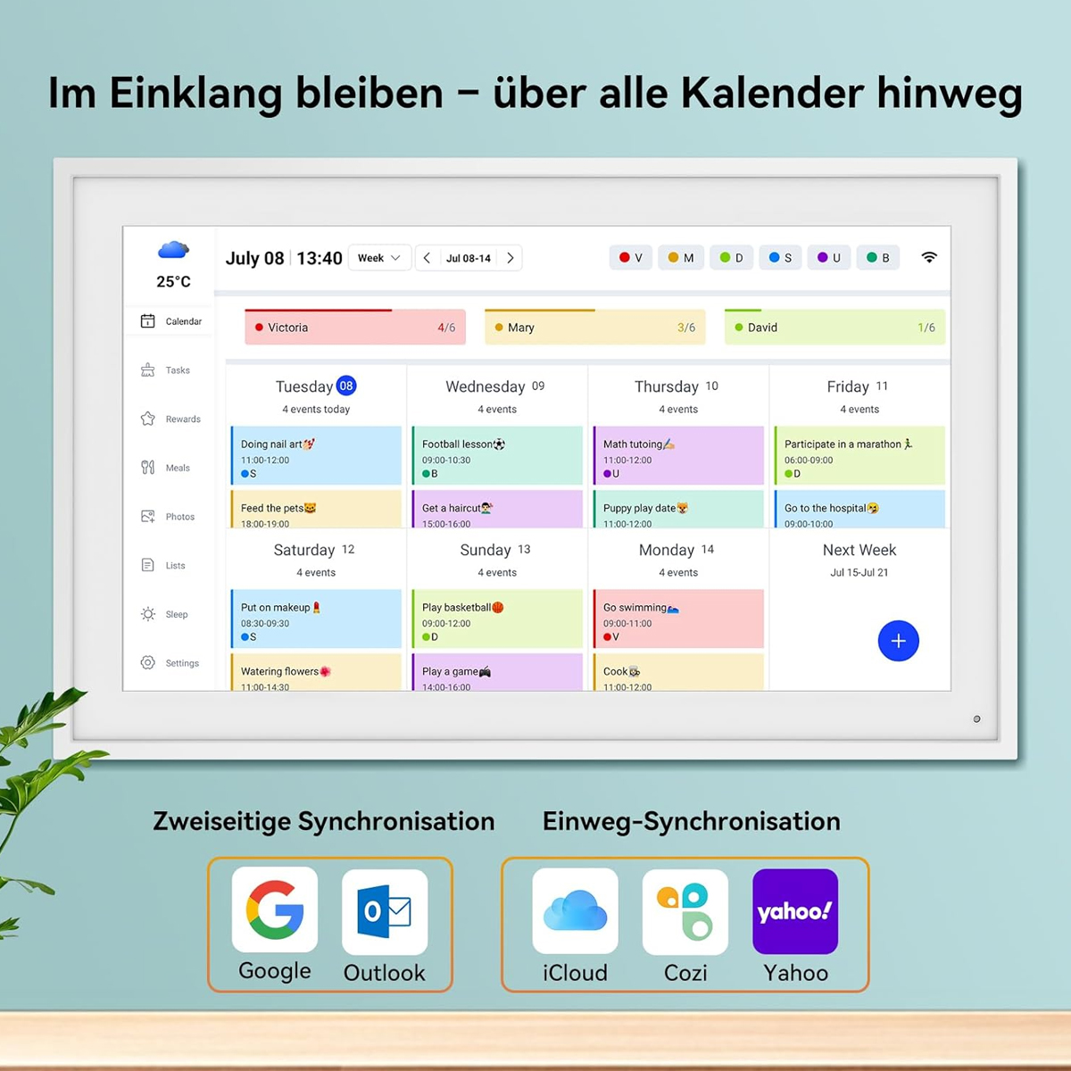 Kalenderansicht zeigt Termine für Victoria, Mary, David. Unten sind App-Icons.