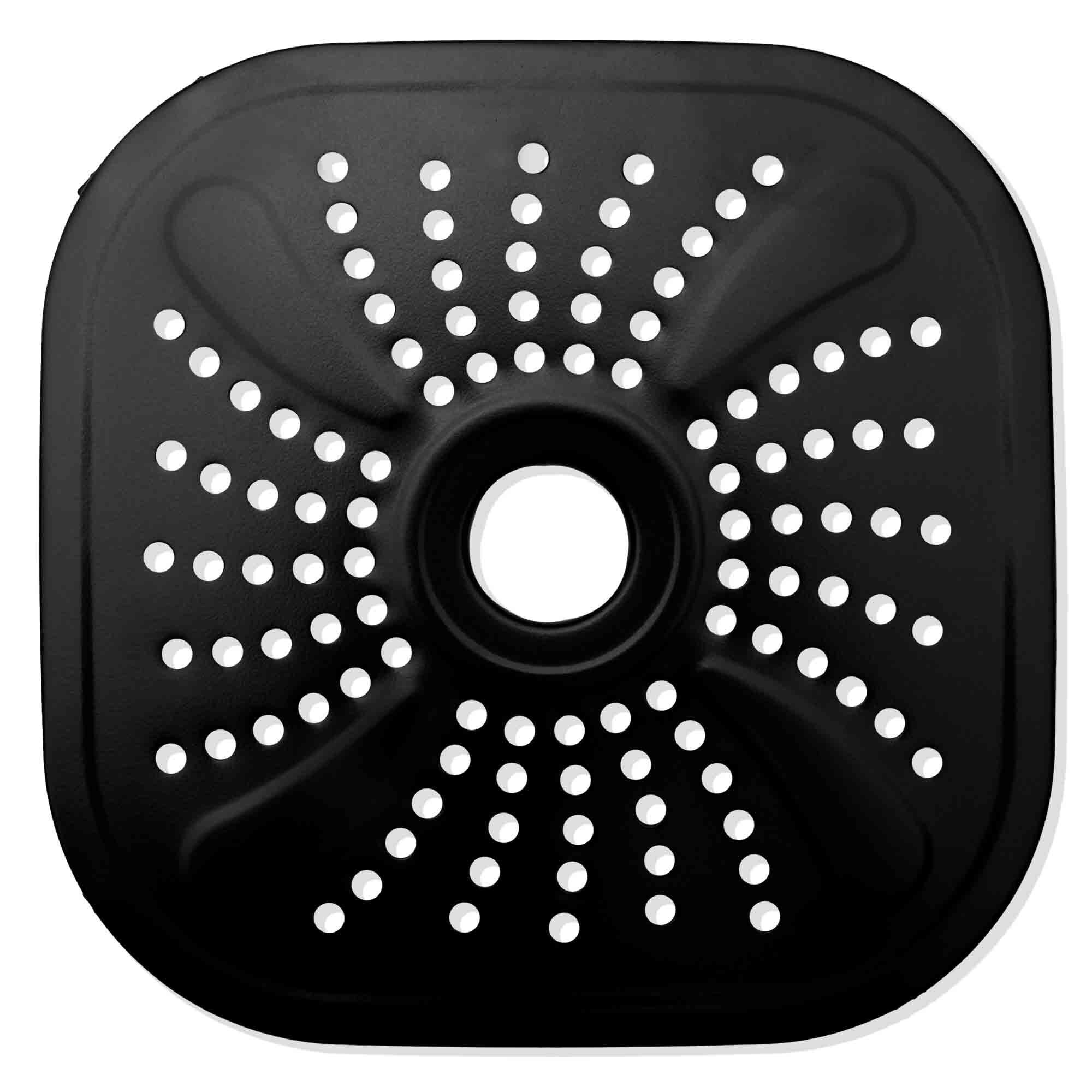 Czarny perforowany wirnik wentylatora z centralnym otworem i wzorami promienistymi.