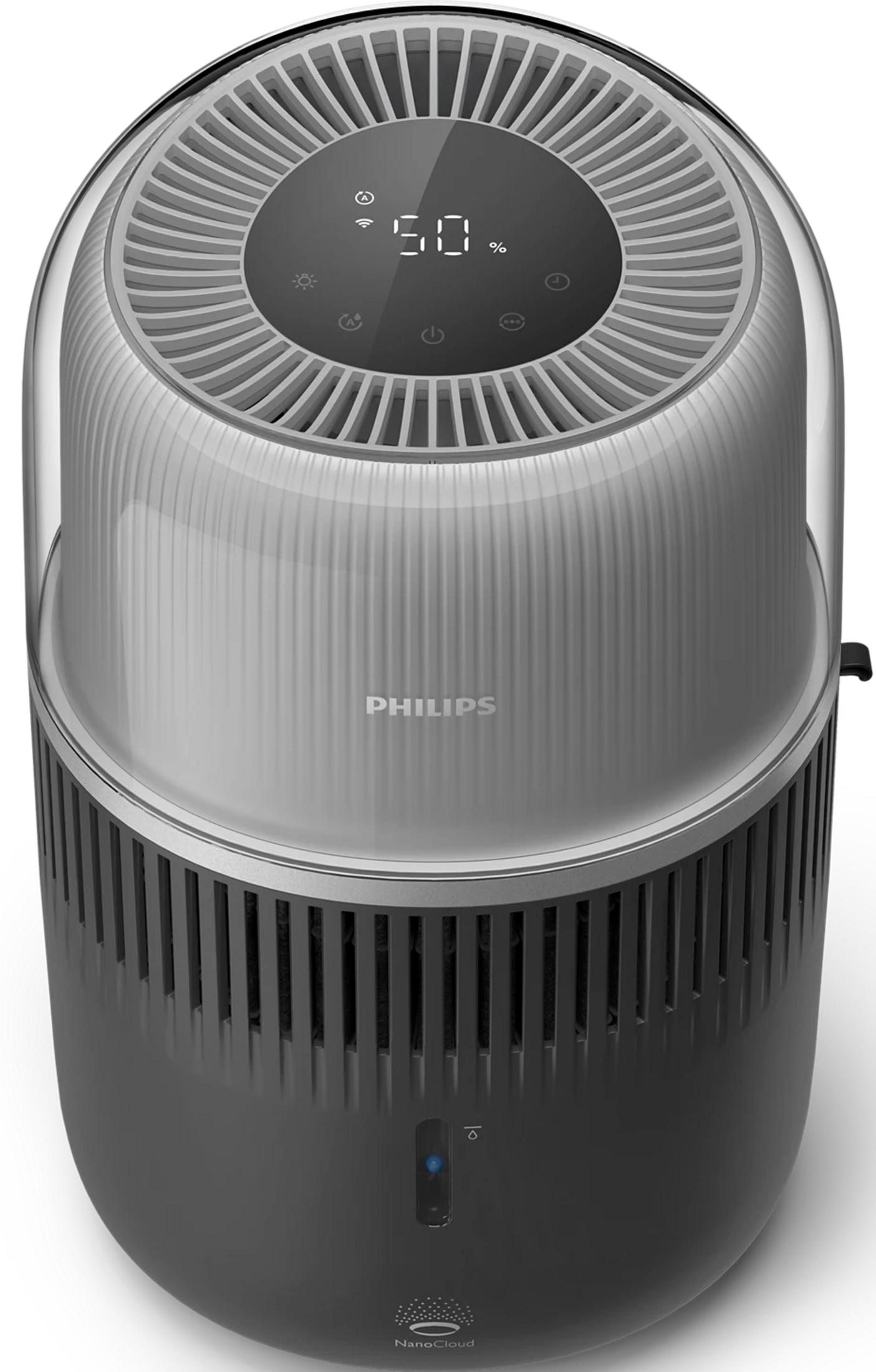 Ein moderner Philips Luftreiniger mit digitalen Anzeigen und Lüftungsschlitzen.