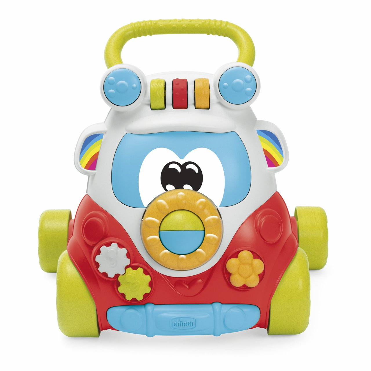 Un andador para bebés de colores con forma de coche de dibujos animados con asa amarilla.