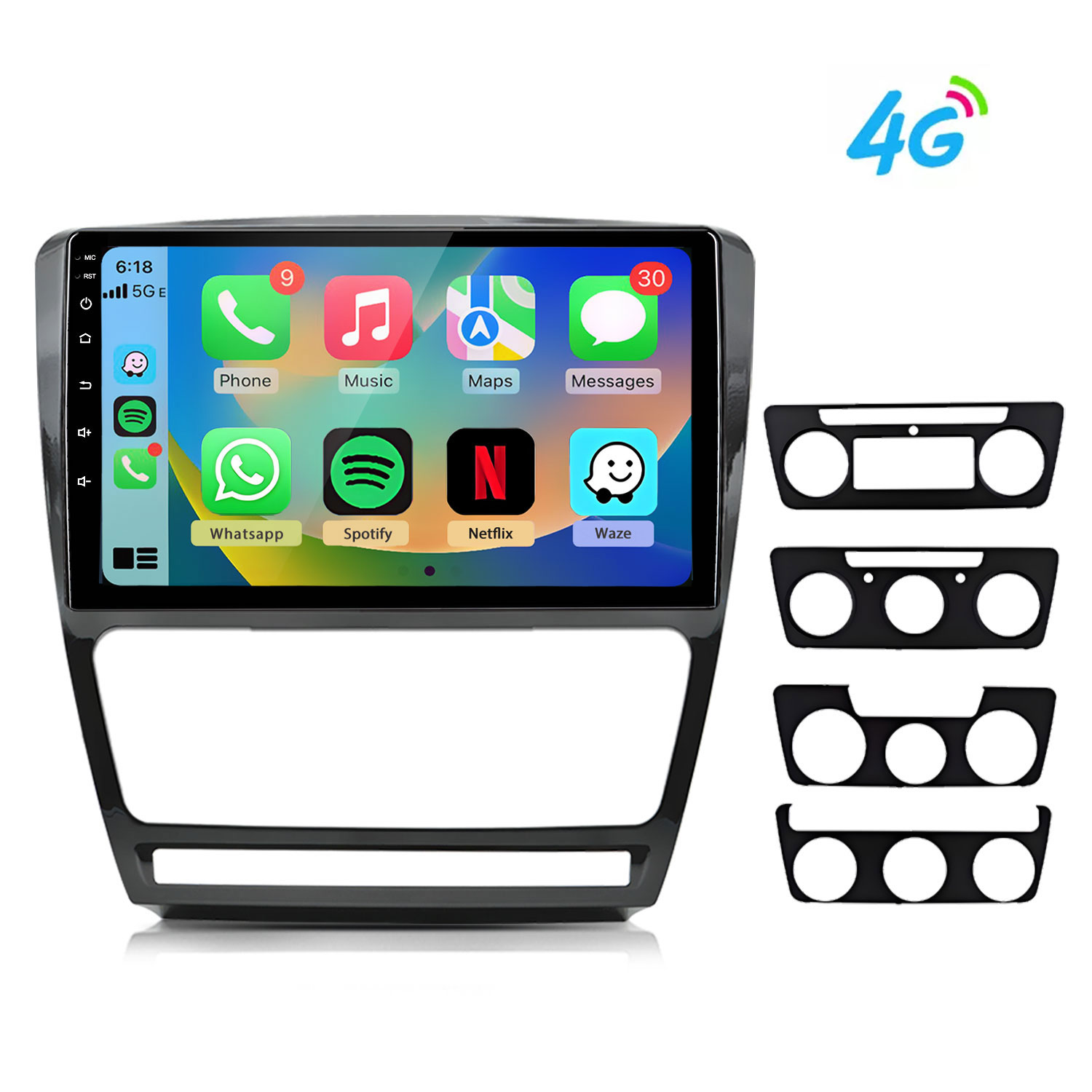 Schermo autoradio con app come Telefono, Musica, Mappe, Messaggi, logo 4G e finiture.