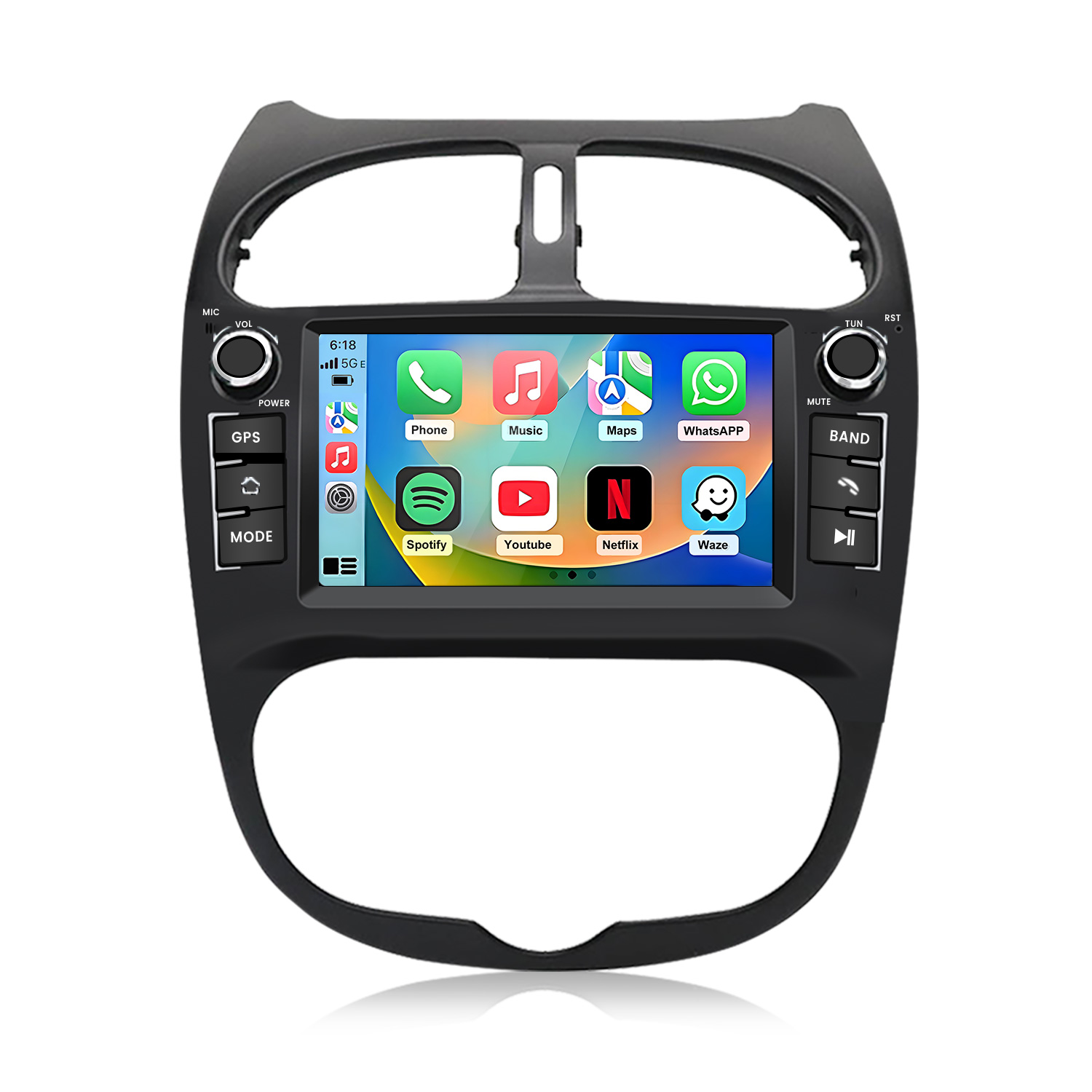 Display autoradio con icone app: Telefono, Musica, Mappe e WhatsApp.