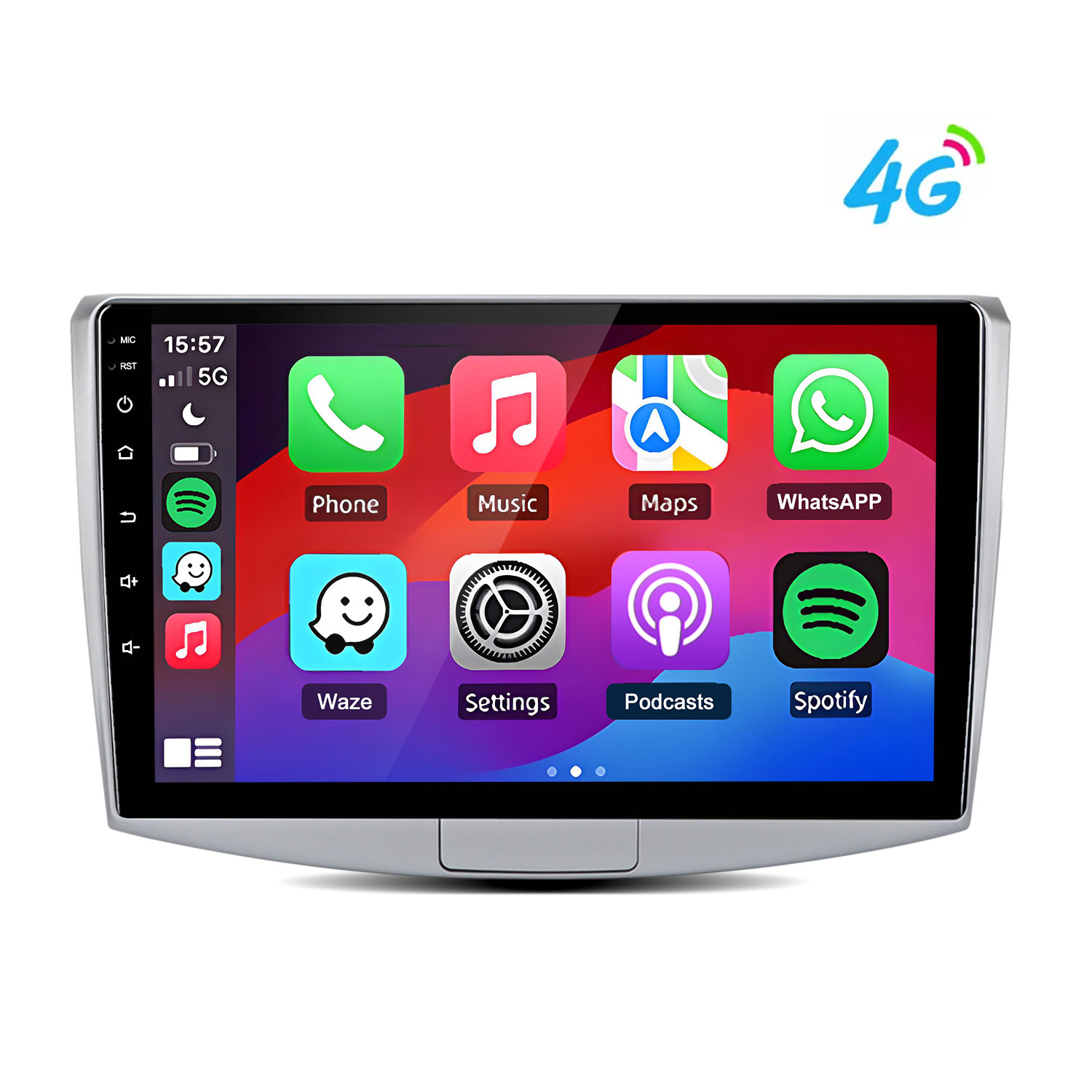 Schermo autoradio con icone app: Telefono, Musica, Mappe e WhatsApp.
