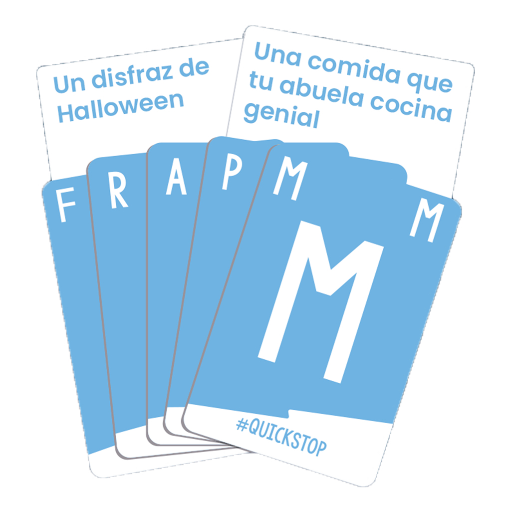 Tarjetas con letras y frases como disfraz de Halloween y comida de abuela.