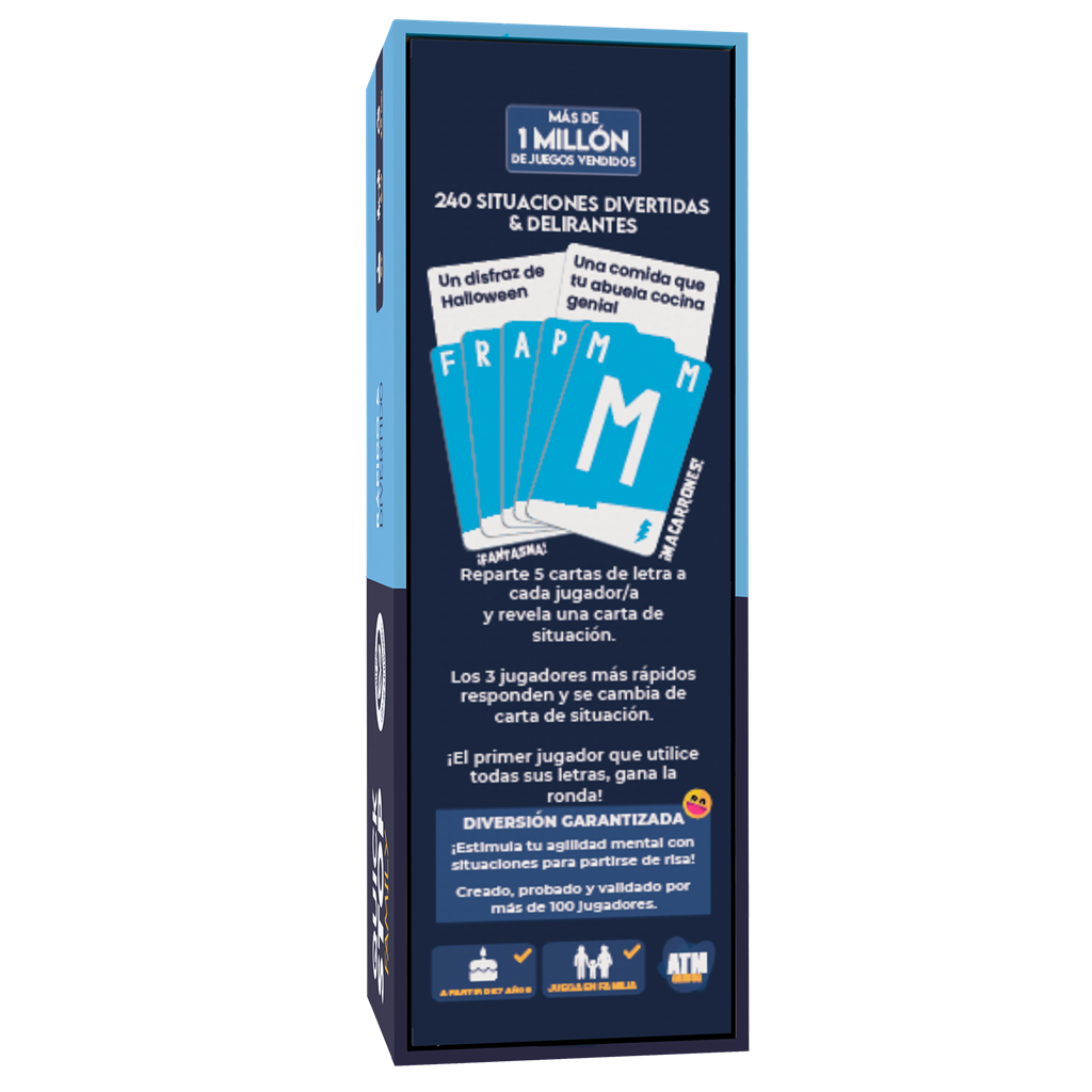 Caja de juego muestra cartas con letras y situaciones para un juego de palabras.