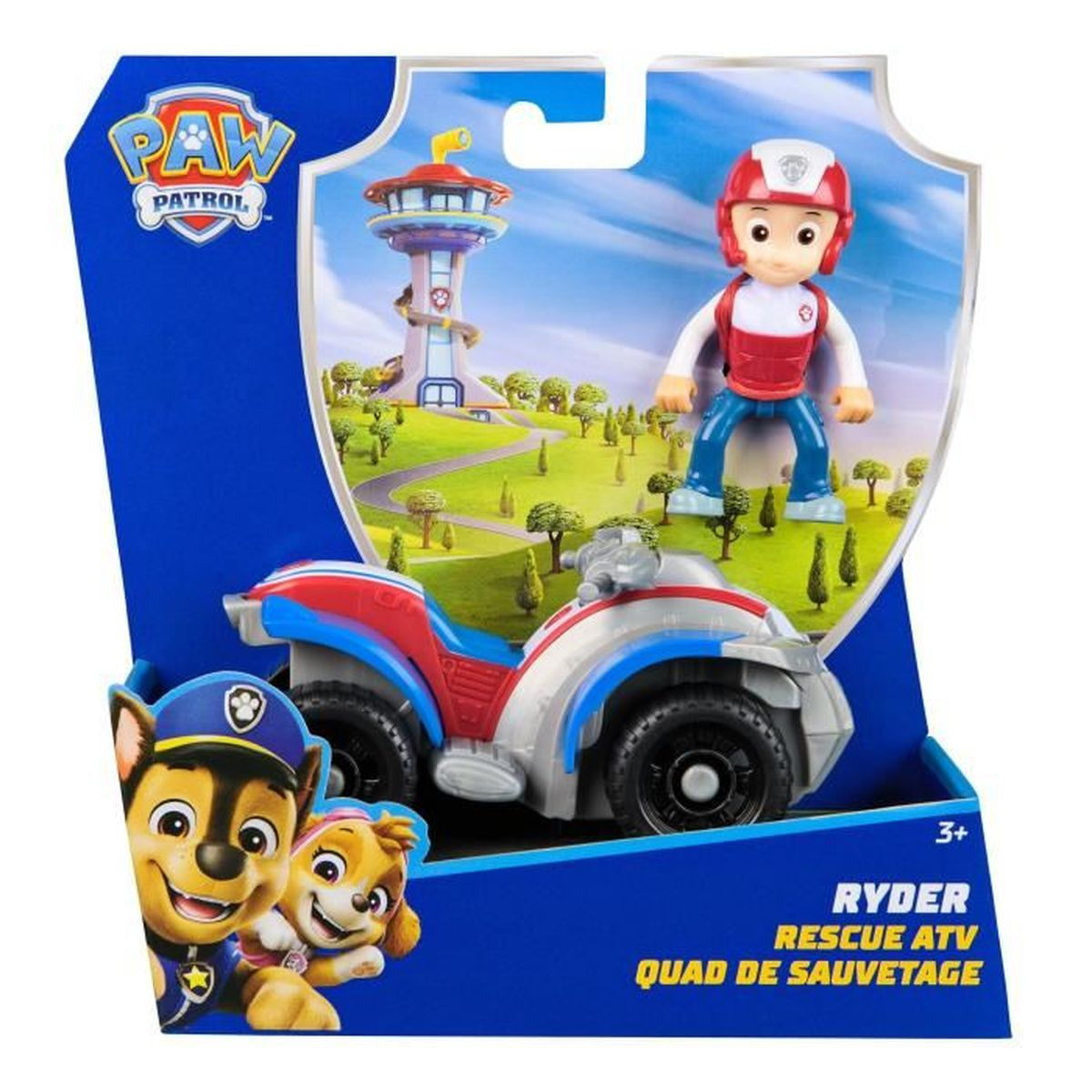 Juguete Paw Patrol Ryder Rescue ATV con figura de Ryder y fondo de Lookout Tower.