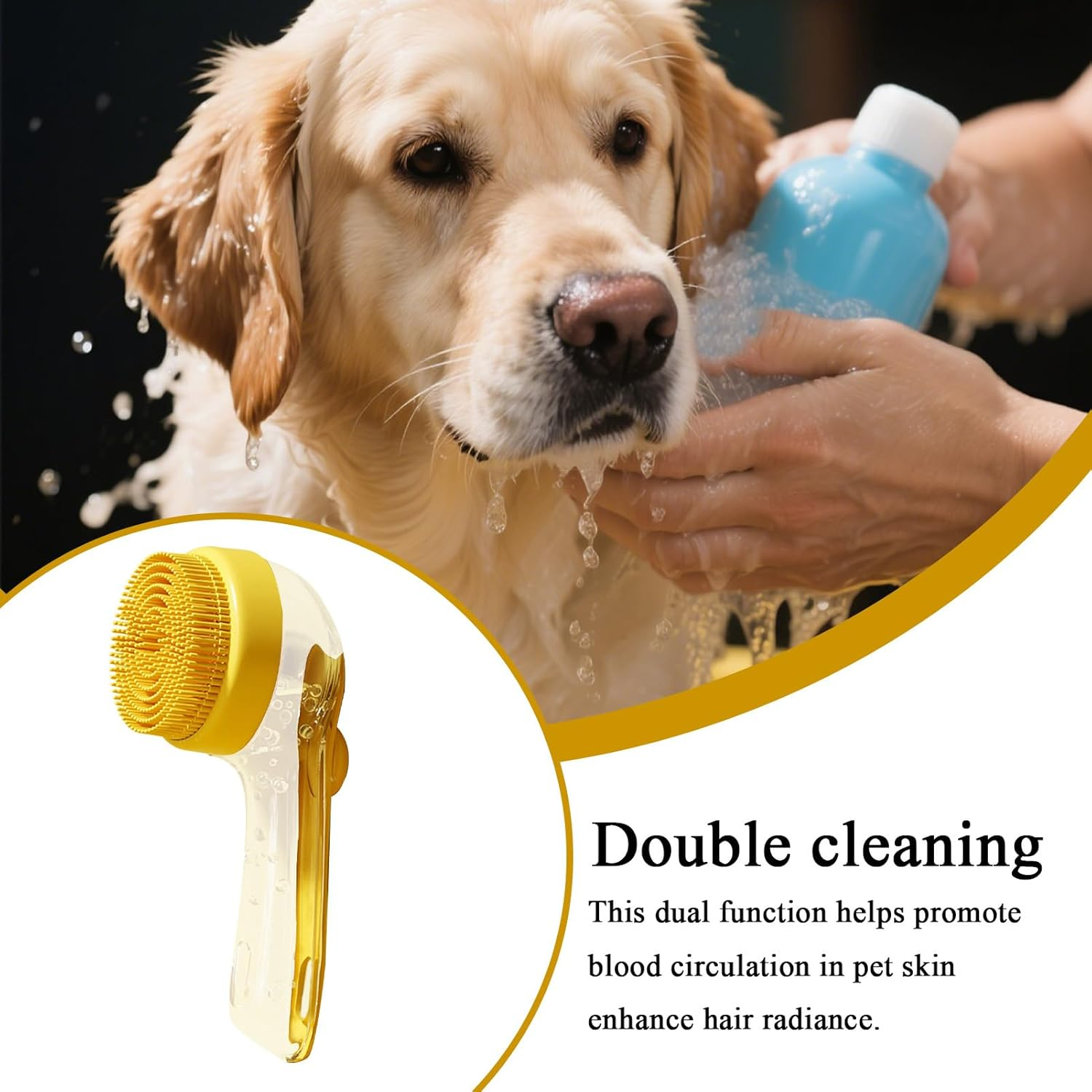 Ein Golden Retriever wird gebadet, eine Hand hält eine blaue Flasche.