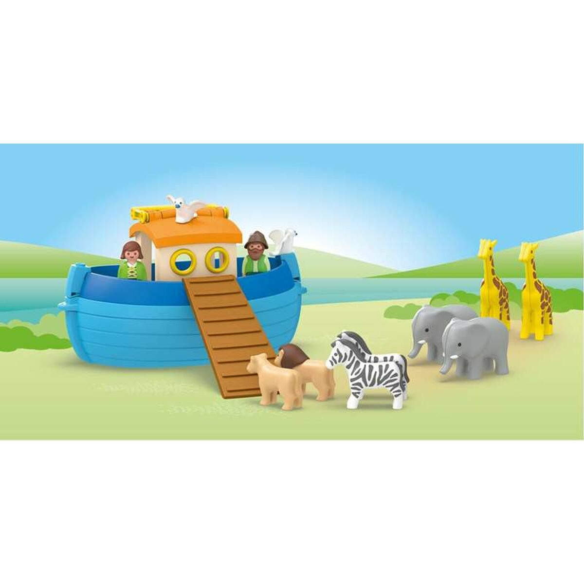 Arca de Noé con animales y personas, frente a un paisaje.
