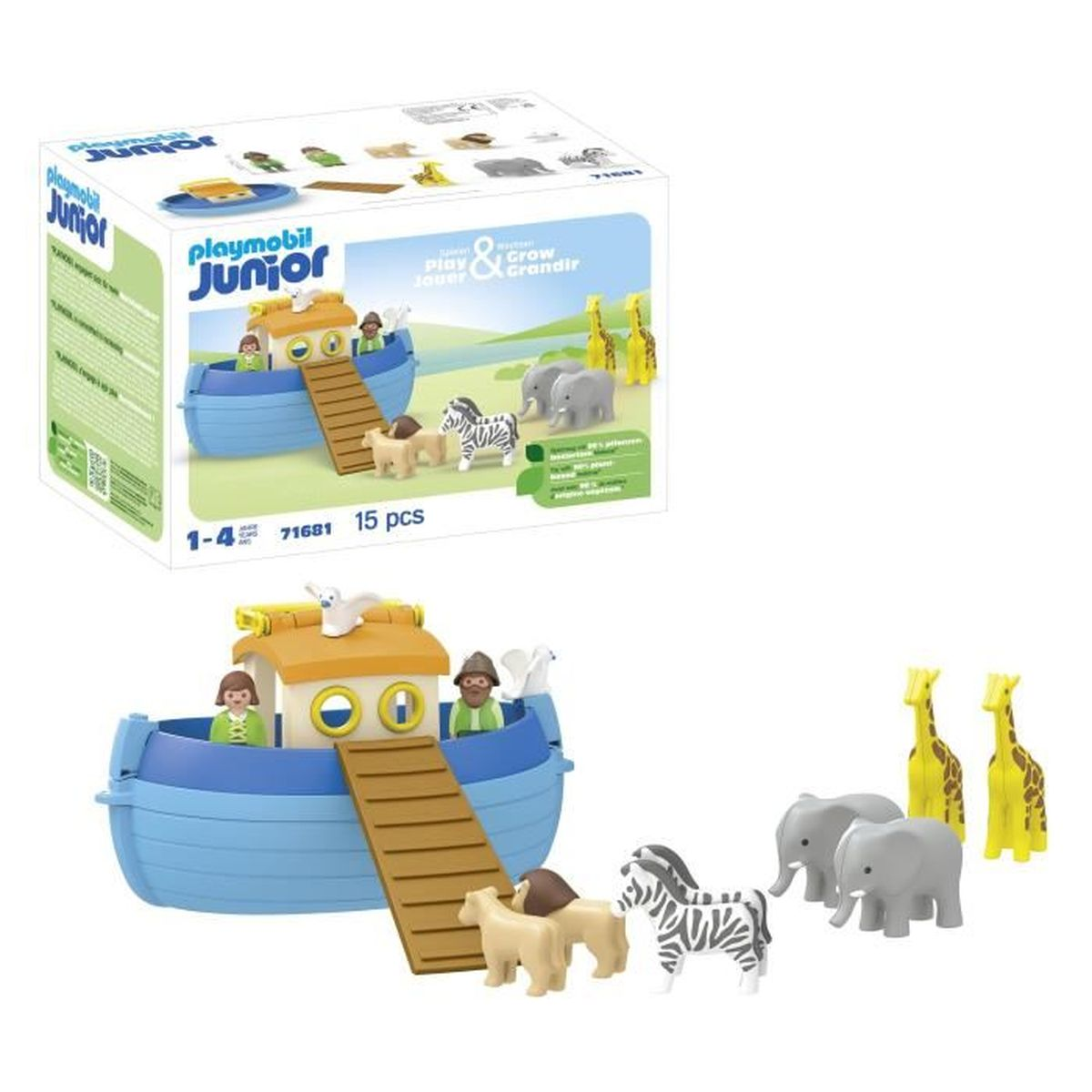 Barco de Playmobil con figuras y animales. Incluye elefantes, jirafas, leones, cebra.