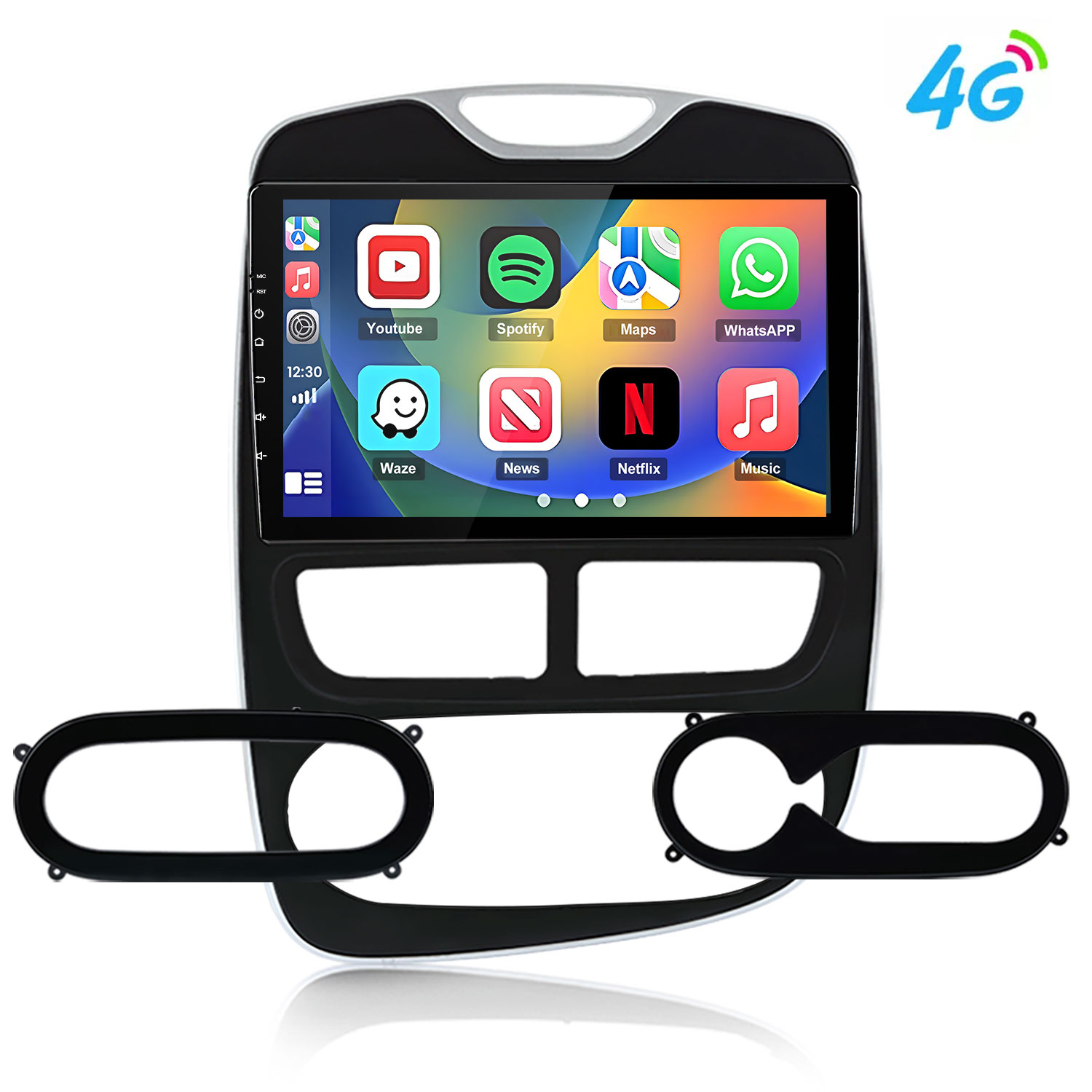 Display autoradio con app come YouTube, Spotify, Mappe, WhatsApp, Netflix. Logo 4G.