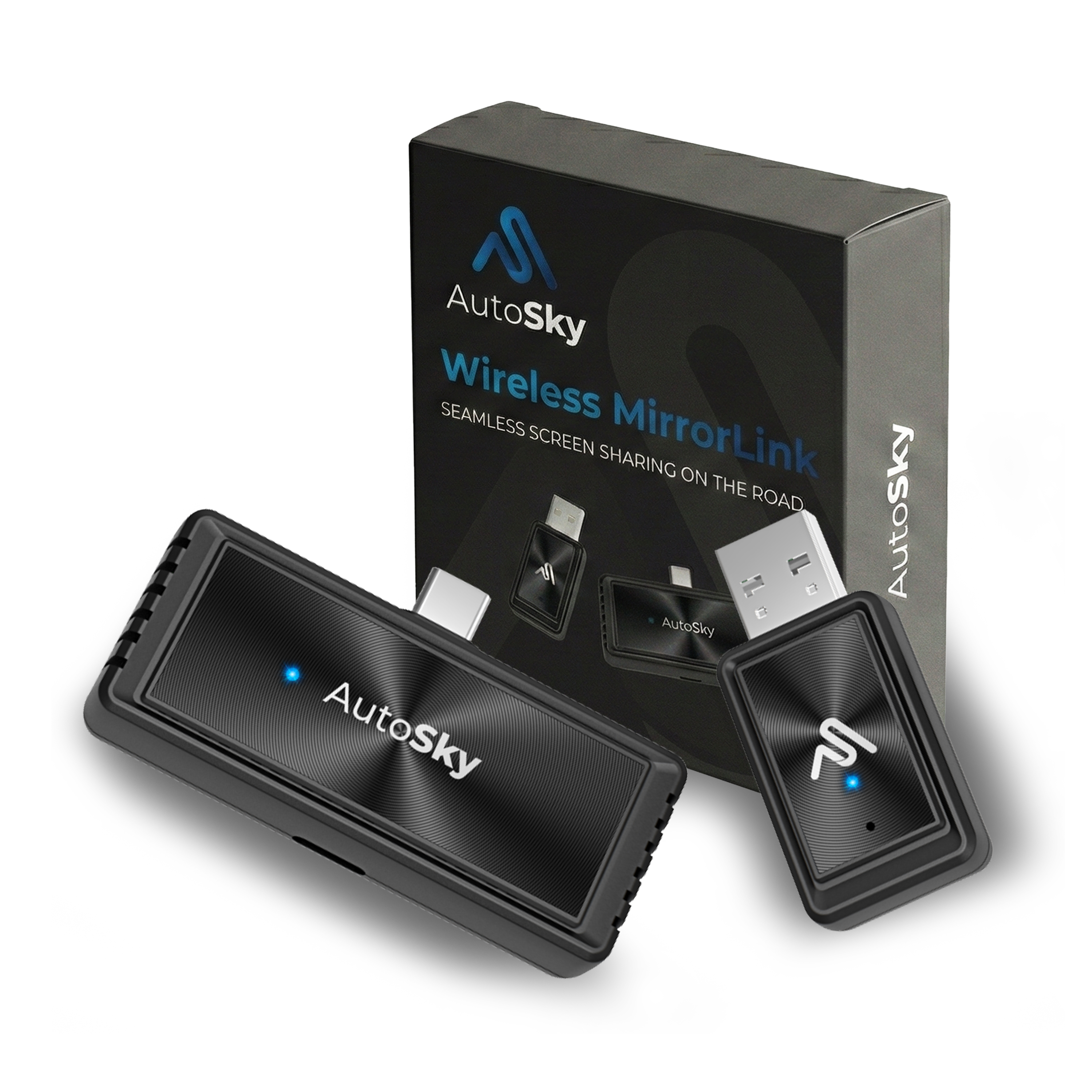 Zwei schwarze AutoSky Wireless MirrorLink-Geräte und eine Verpackung auf weißem Hintergrund.
