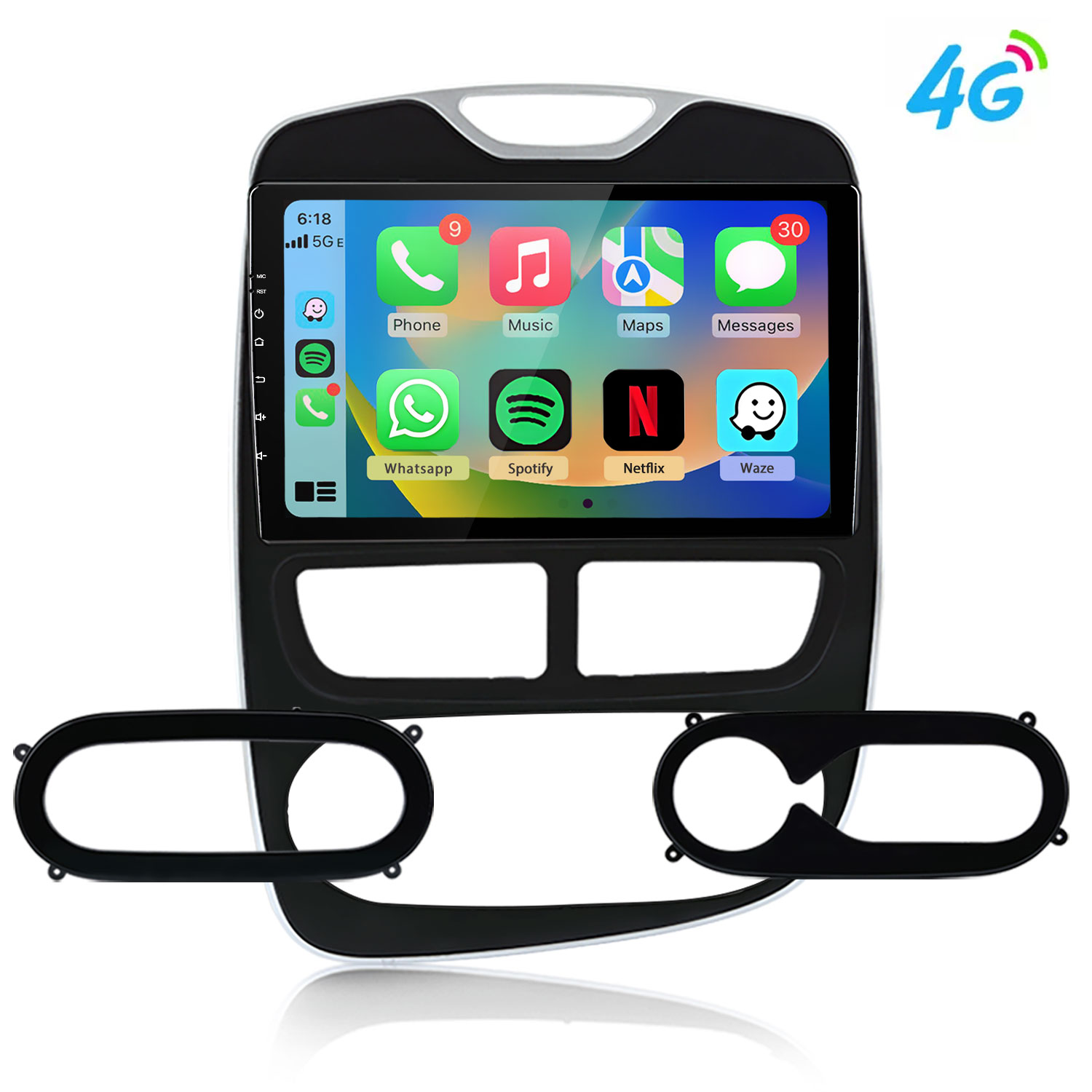 Schermo infotainment auto con icone app e logo 4G.