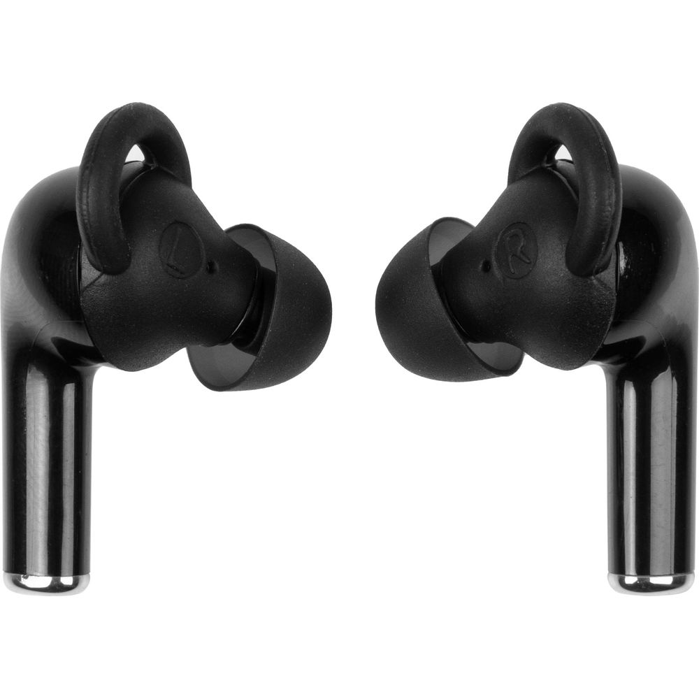 Deux écouteurs sans fil noirs avec embouts en silicone, sur fond blanc.