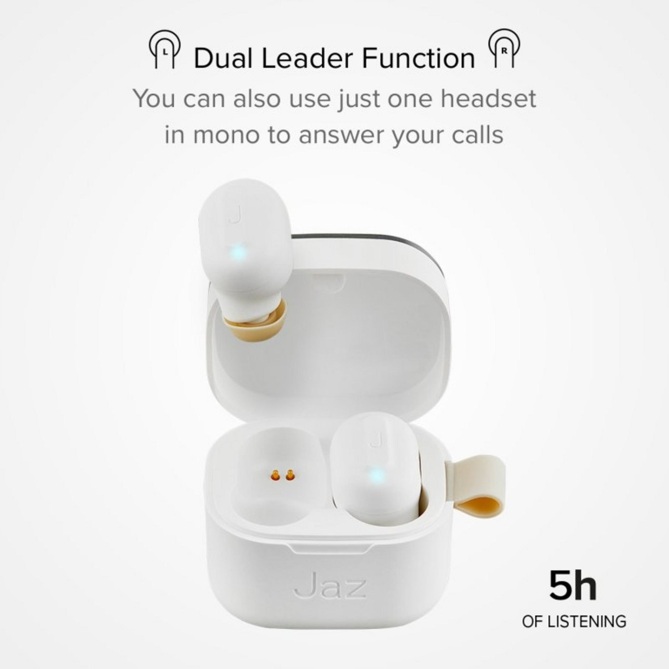 Auricolari wireless bianchi con custodia di ricarica, 5 ore di ascolto.