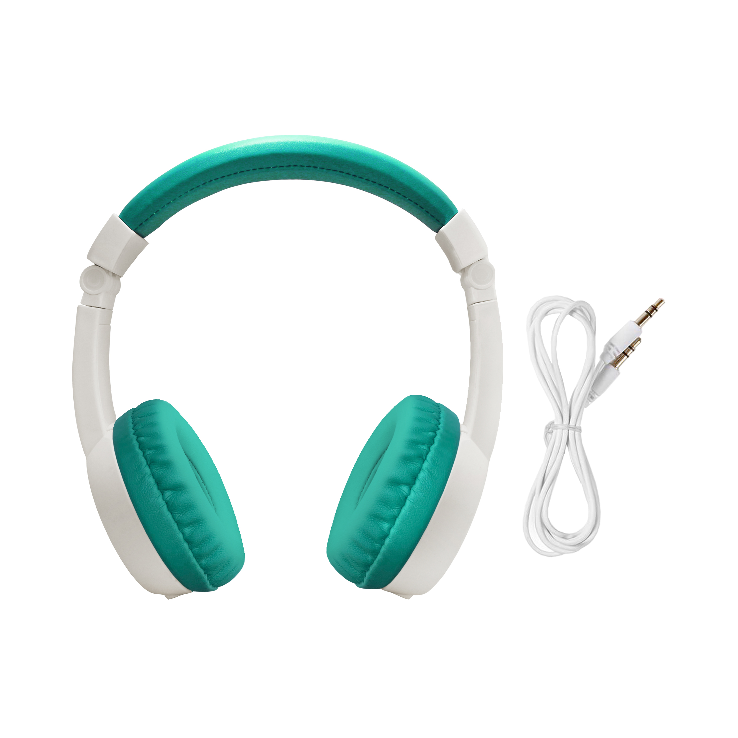 Casque blanc et turquoise avec câble blanc et deux prises jack.
