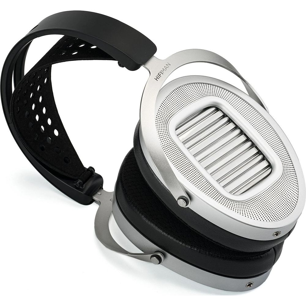 Un paio di cuffie HIFIMAN argento e nero con griglia traforata.