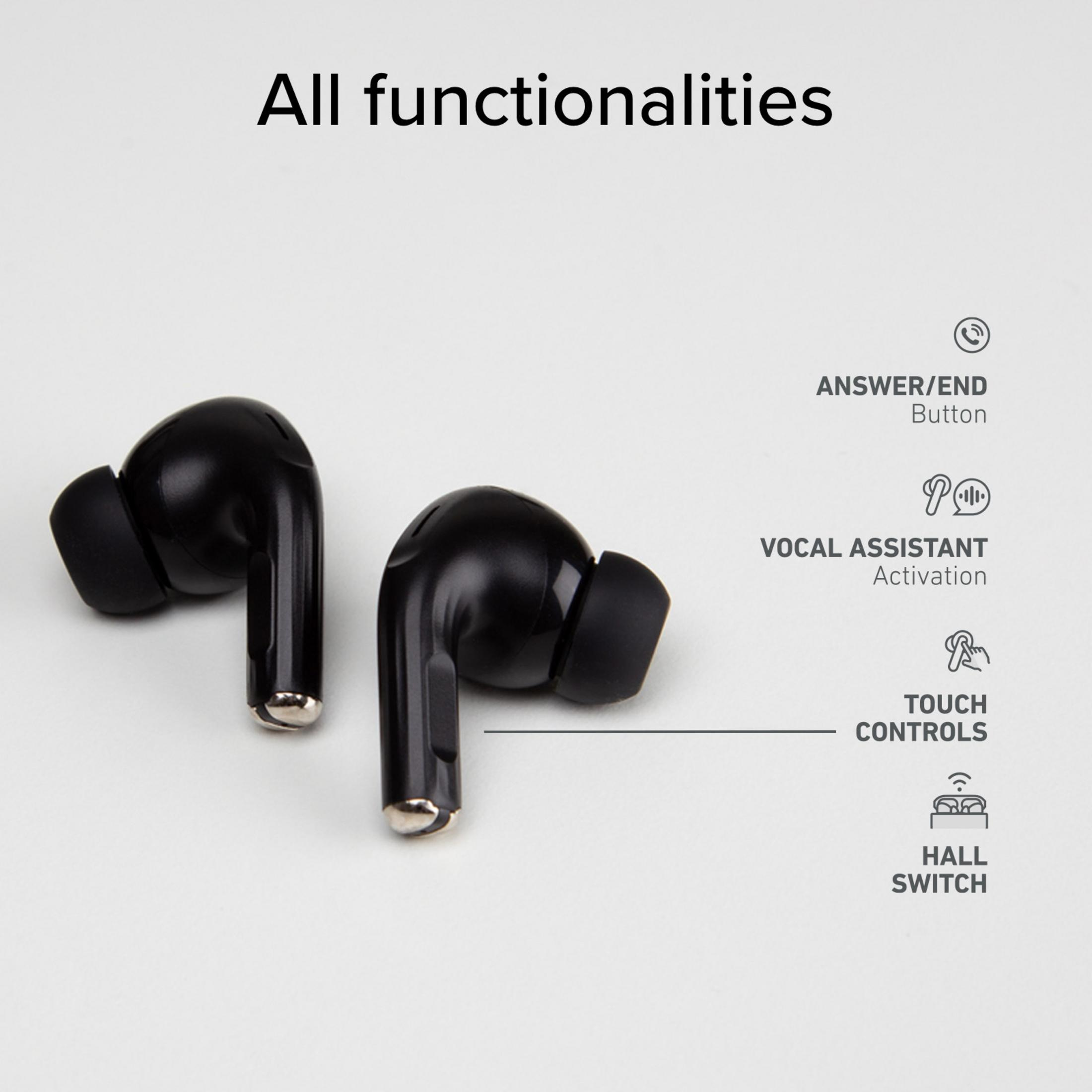 Due auricolari wireless neri con icone per le funzioni.